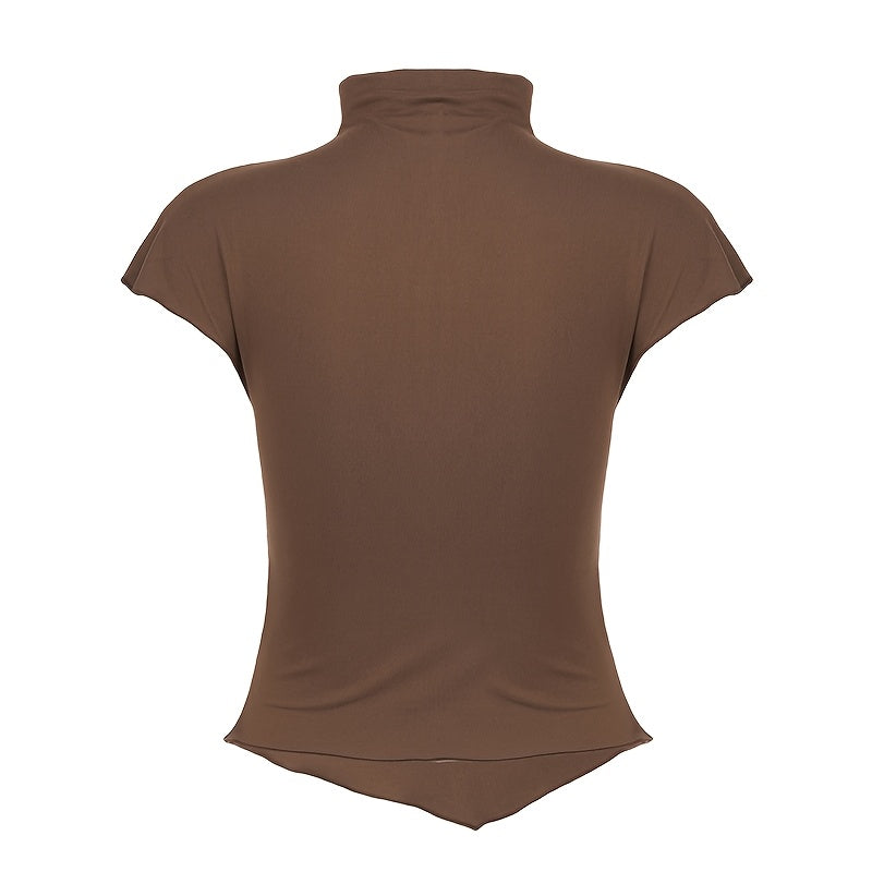 AEY Lace Vintage Buttoned Small Stand Collar Short Sleeve T-Shirt