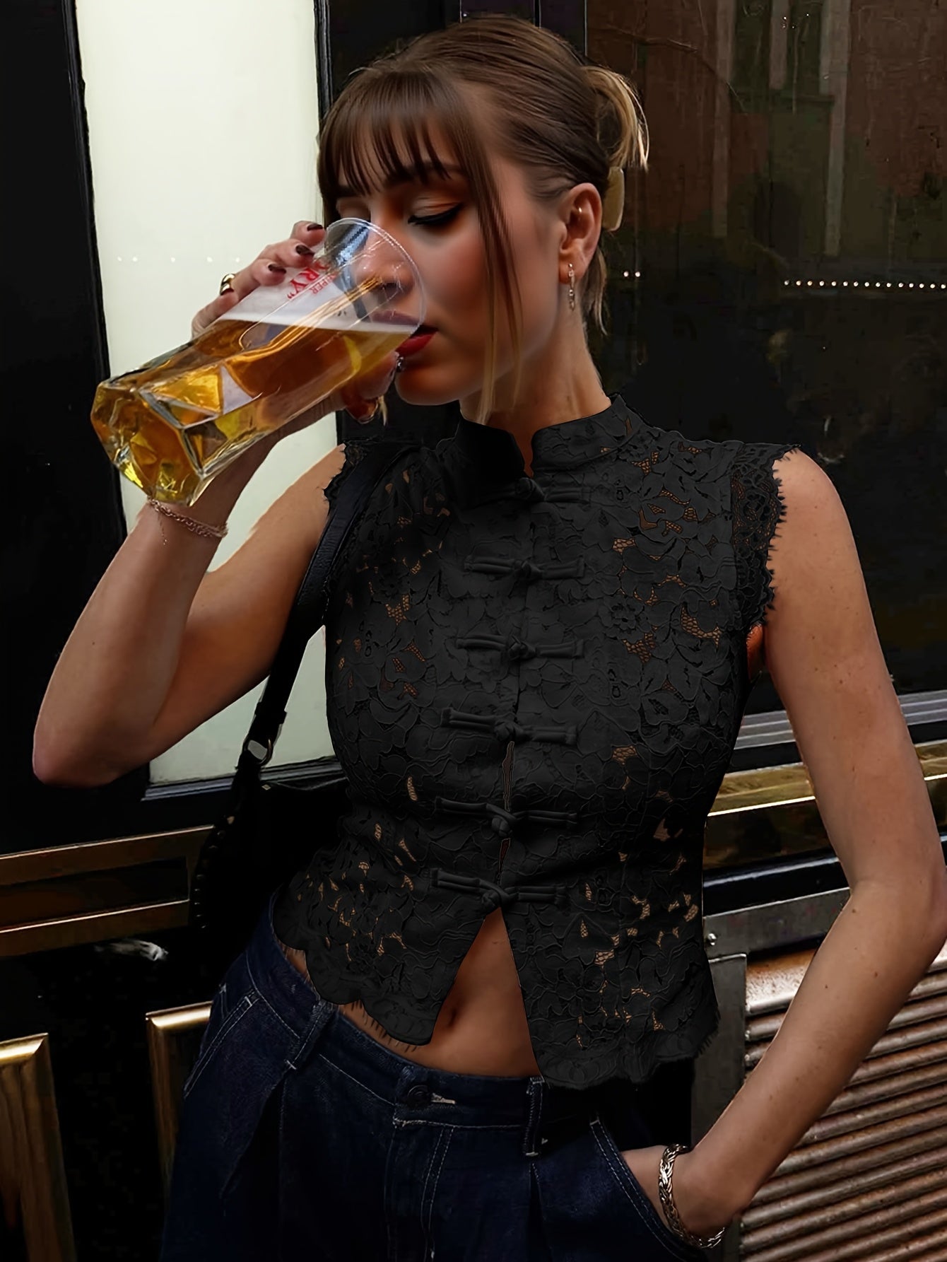 Collar Hollow-Out Sheer Design Slim-Fit