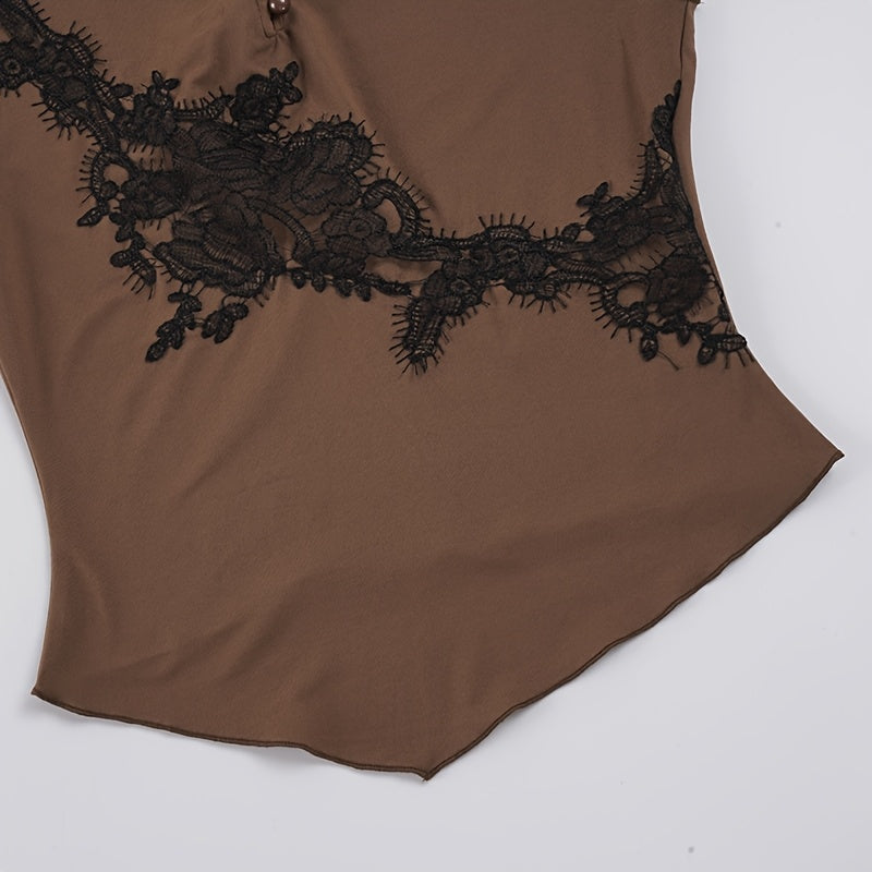 AEY Lace Vintage Buttoned Small Stand Collar Short Sleeve T-Shirt