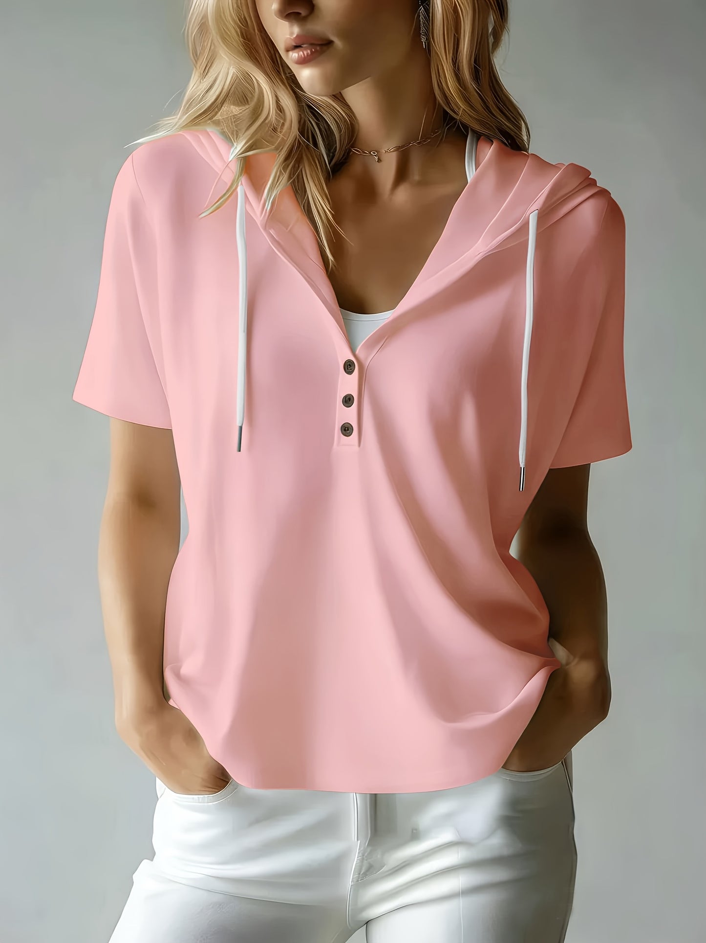 Women's Summer Short Sleeve Hooded T-Shirt Top - Loose Fit