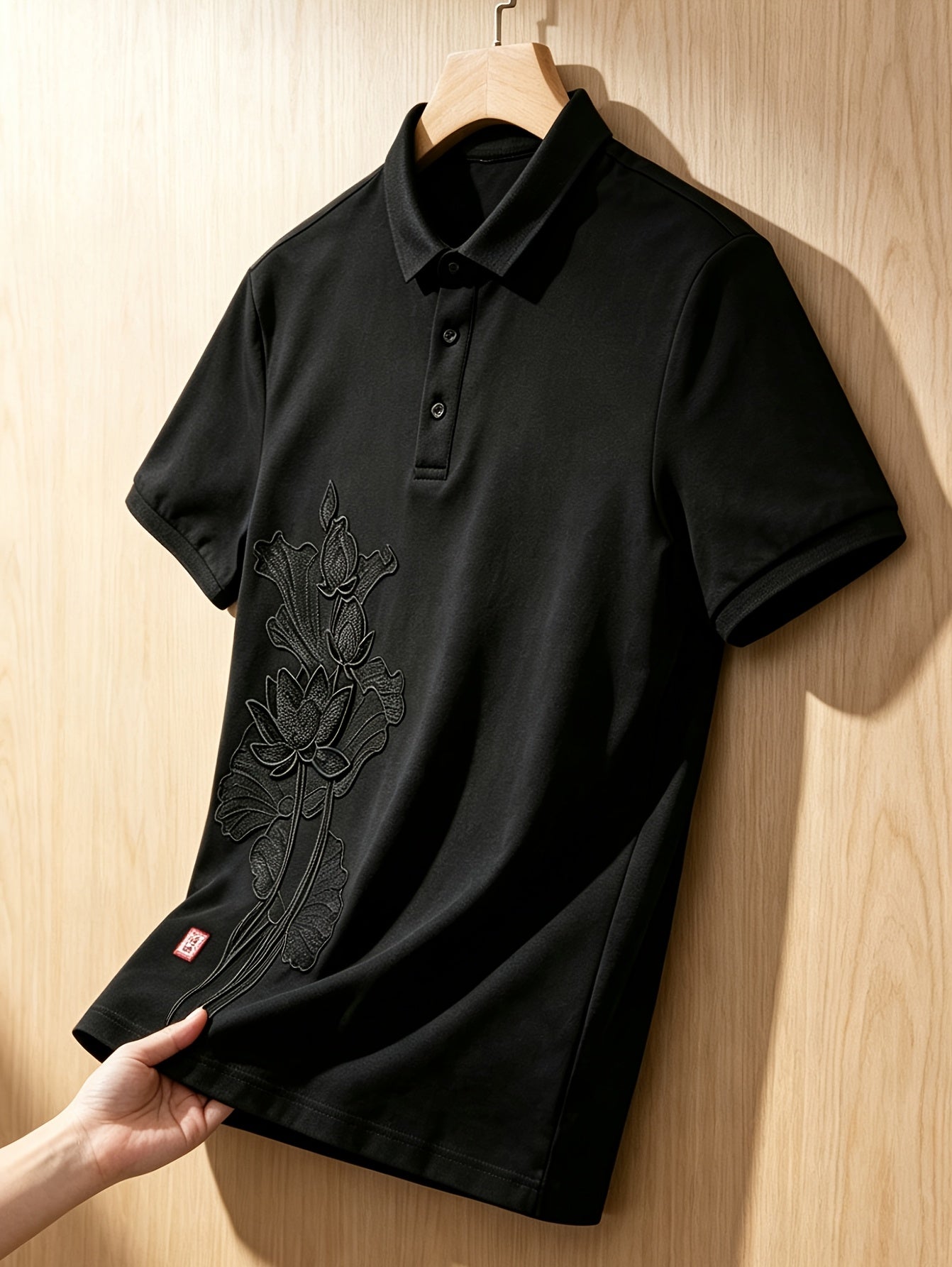 Lotus Embroidery, Lapel Collar, Simple, Stylish, Handsome, Trendy, Slim-Fit Top