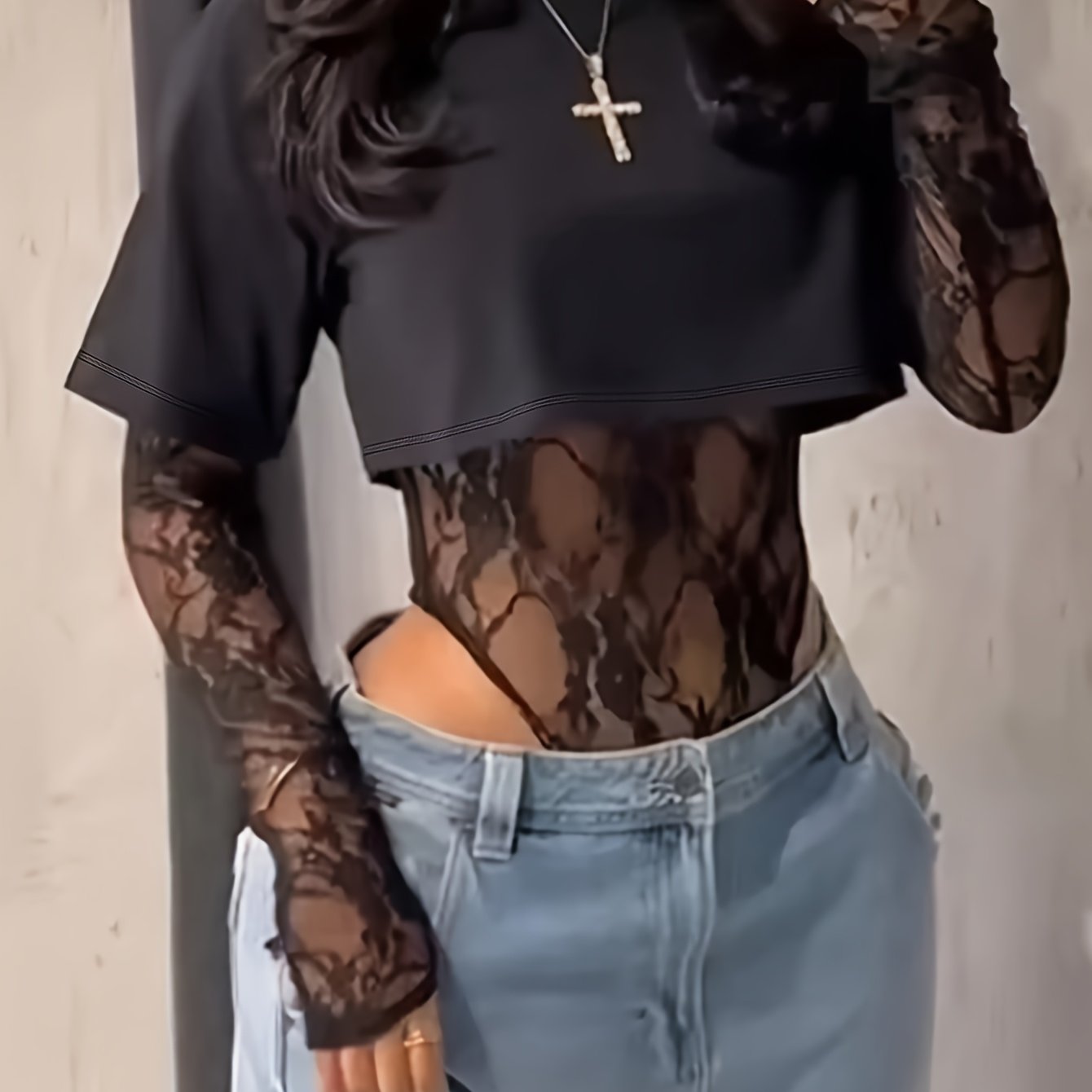 legant Lace Panel Long Sleeve Bodysuit Top for Women