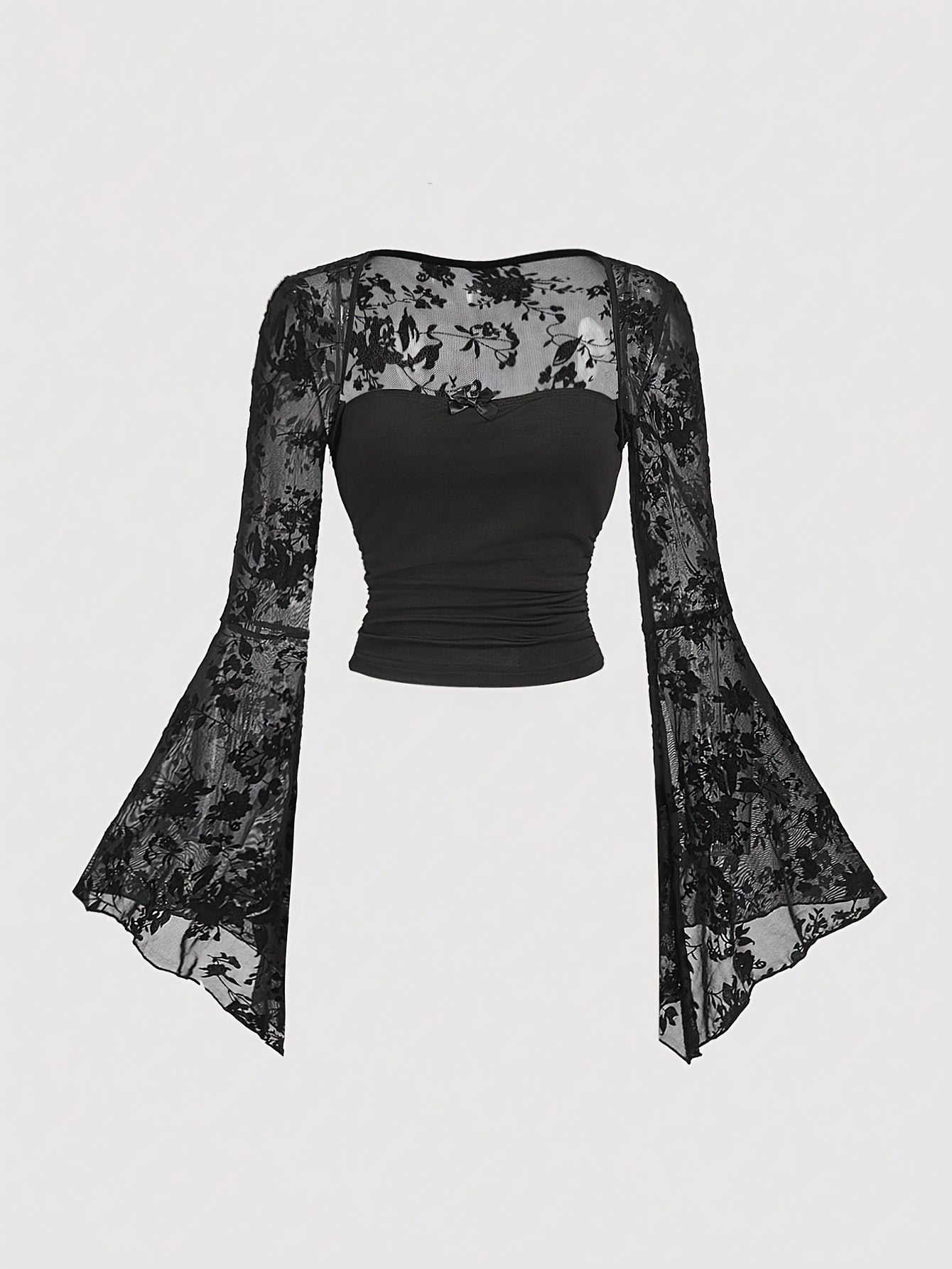 Women'S Black Bell-Sleeve T-Shirt with Lace And Bow Design