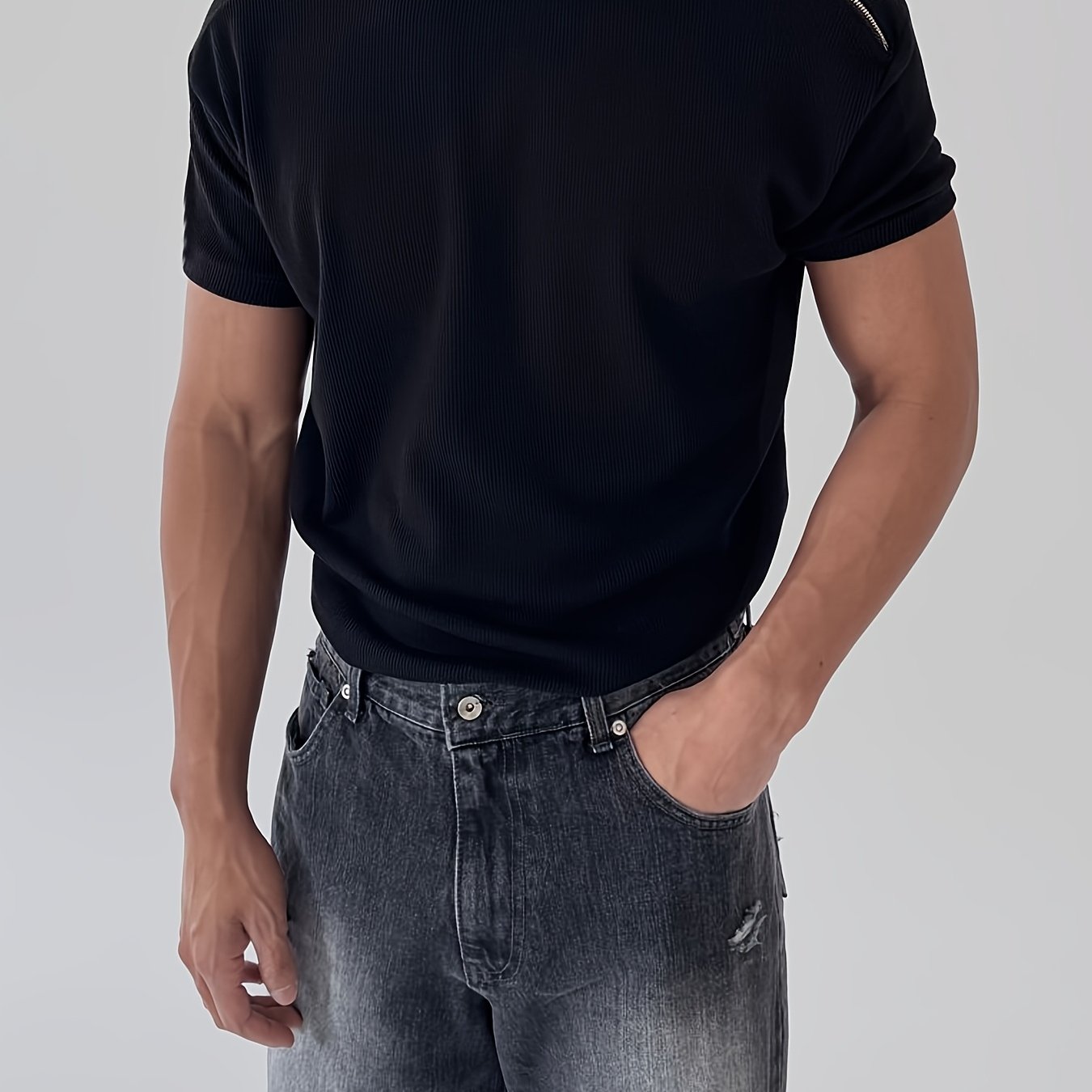 Men'S Slim-Fit Breathable Zip-Up T-Shirt - Stretchy Ribbed Fabric, Solid Color White,Everyday Wear