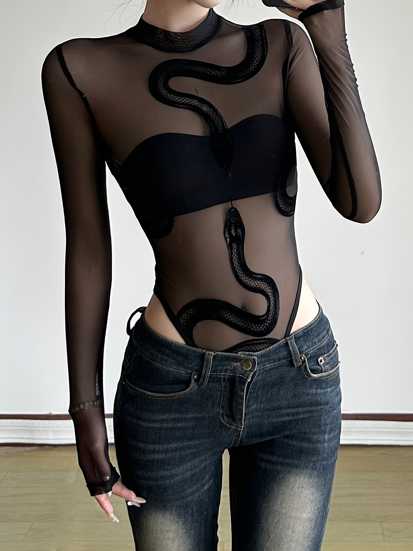 Snake Print Mesh Bodysuit