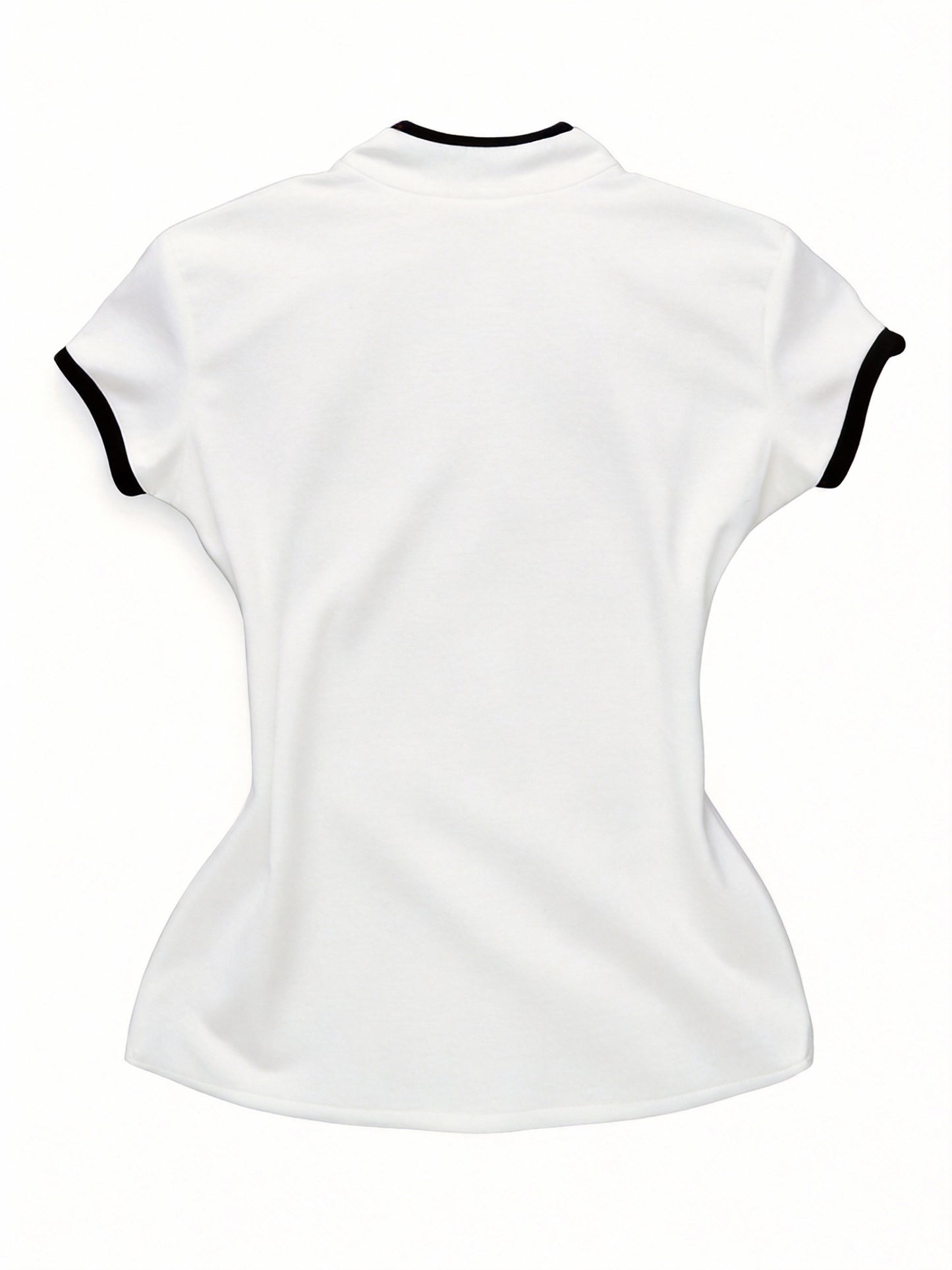 Women's Streetwear, New Stand-up Collar Contrast Trim Elegant Short-sleeve T-shirt