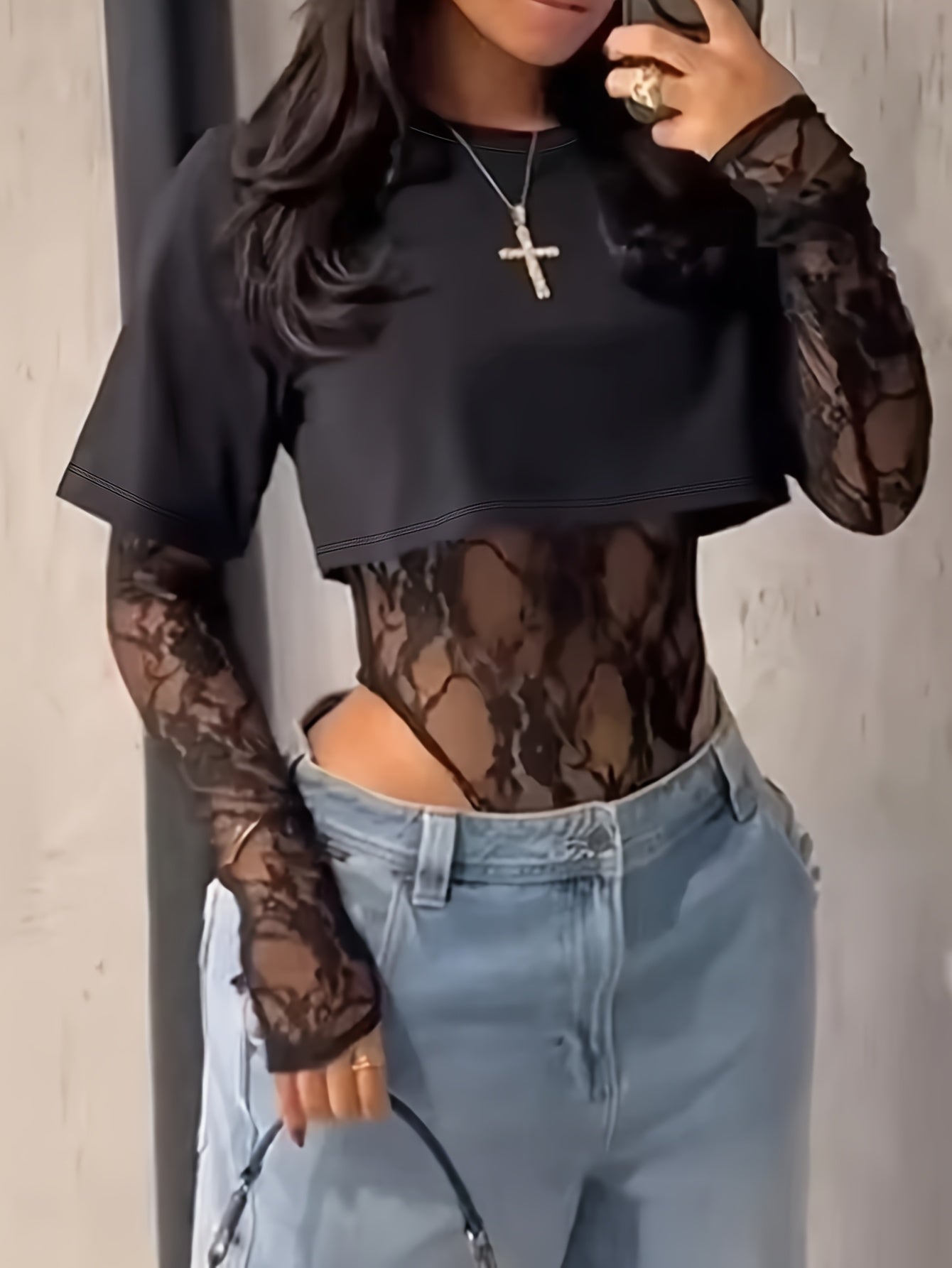 Women's Bodysuit with Patchwork Mesh Design, Back Print, Essential for Dates and Daily Wear