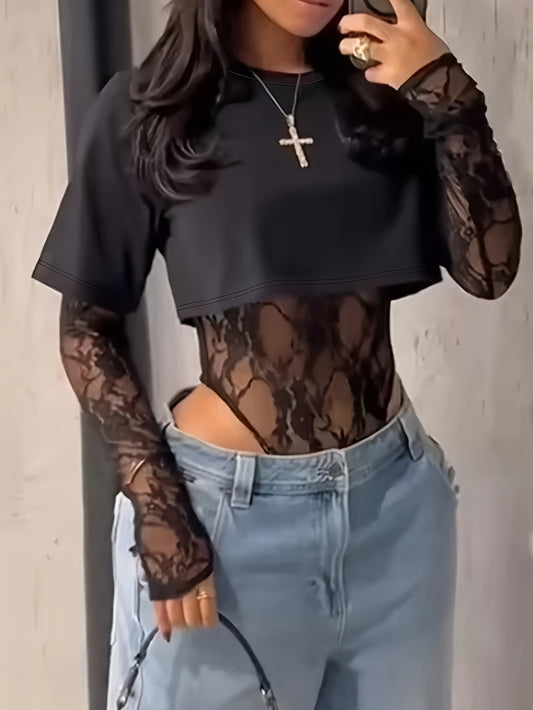 Women's Bodysuit with Patchwork Mesh Design, Back Print, Essential for Dates and Daily Wear