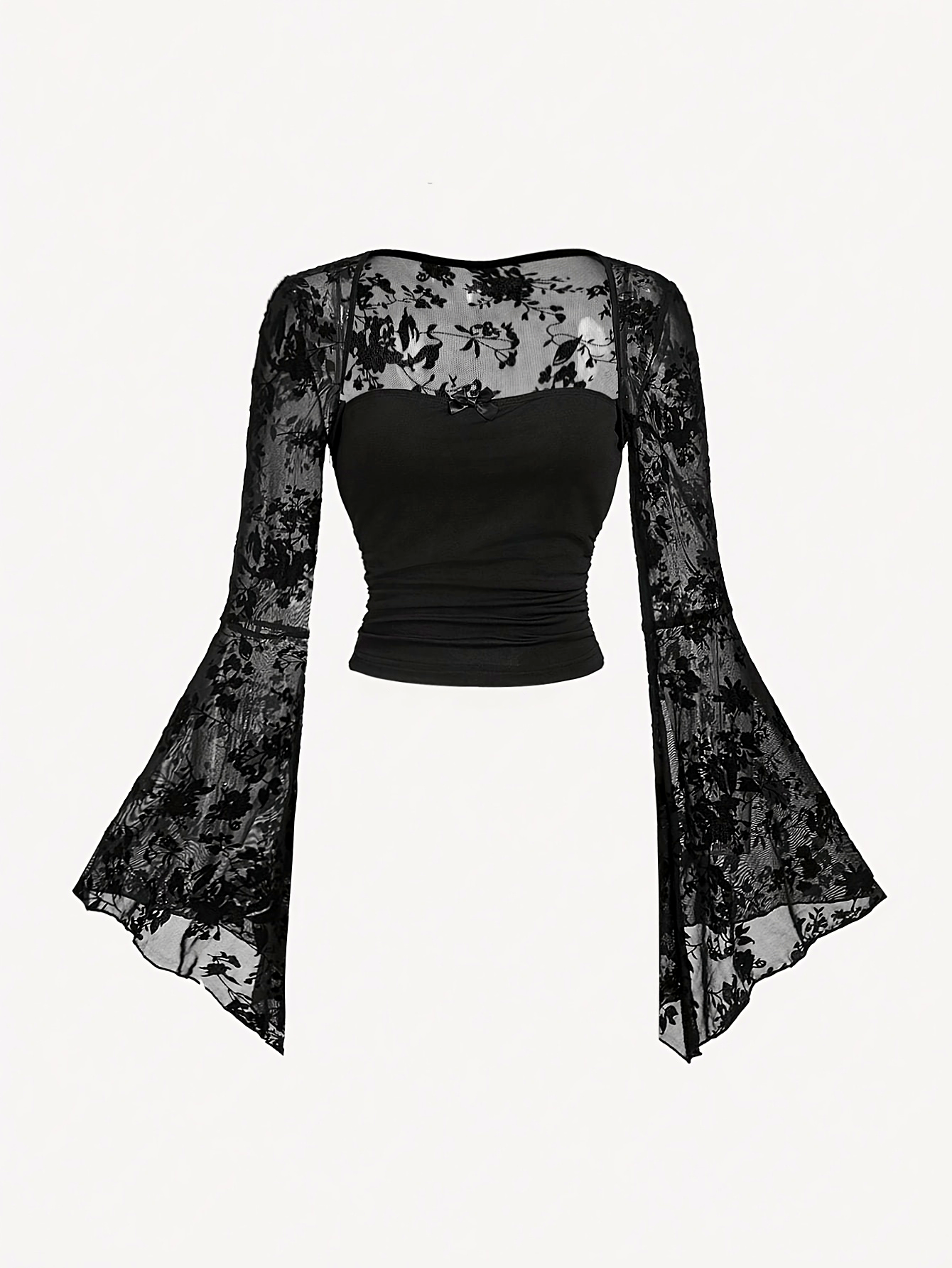 Women'S Black Bell-Sleeve T-Shirt with Lace And Bow Design