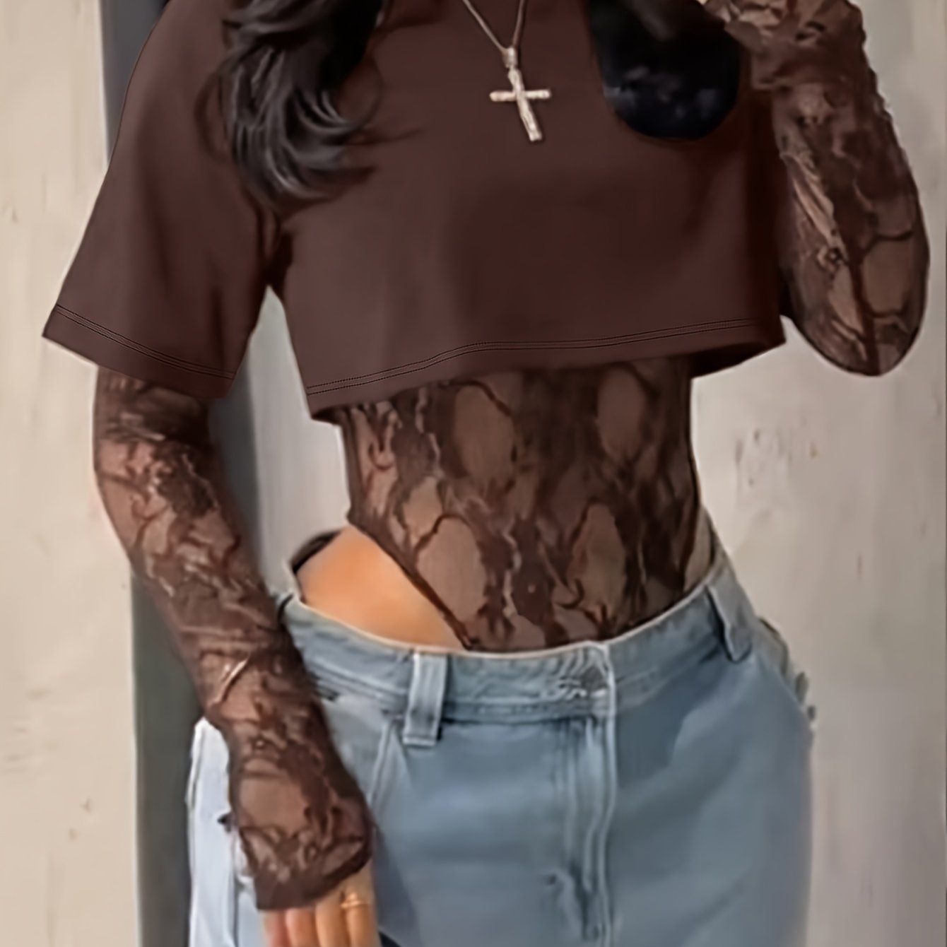 legant Lace Panel Long Sleeve Bodysuit Top for Women