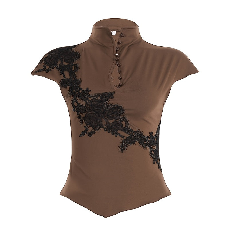 AEY Lace Vintage Buttoned Small Stand Collar Short Sleeve T-Shirt