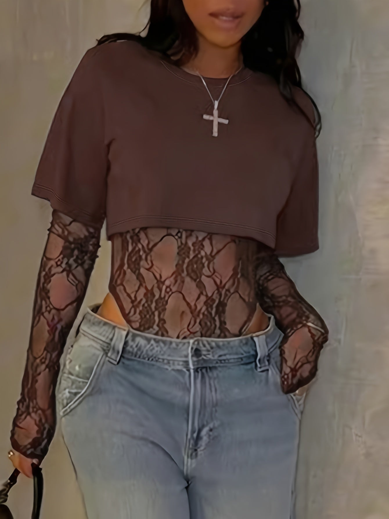 legant Lace Panel Long Sleeve Bodysuit Top for Women
