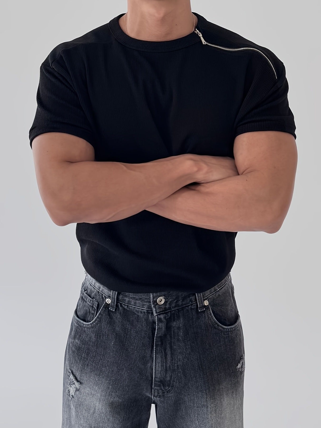 Men'S Slim-Fit Breathable Zip-Up T-Shirt - Stretchy Ribbed Fabric, Solid Color White,Everyday Wear