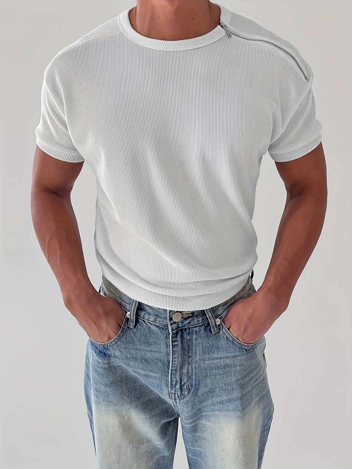 Men'S Slim-Fit Breathable Zip-Up T-Shirt - Stretchy Ribbed Fabric, Solid Color White,Everyday Wear