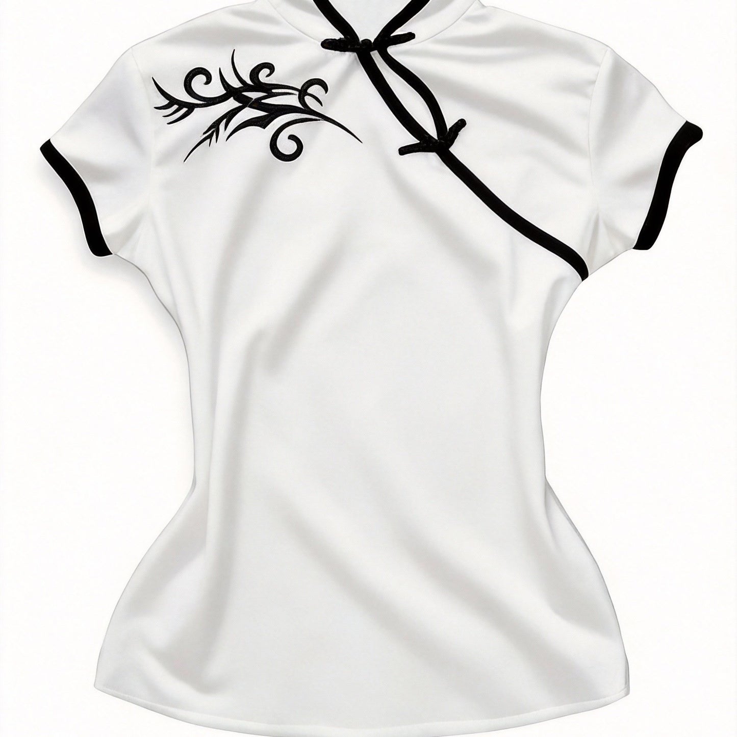 Women's Streetwear, New Stand-up Collar Contrast Trim Elegant Short-sleeve T-shirt