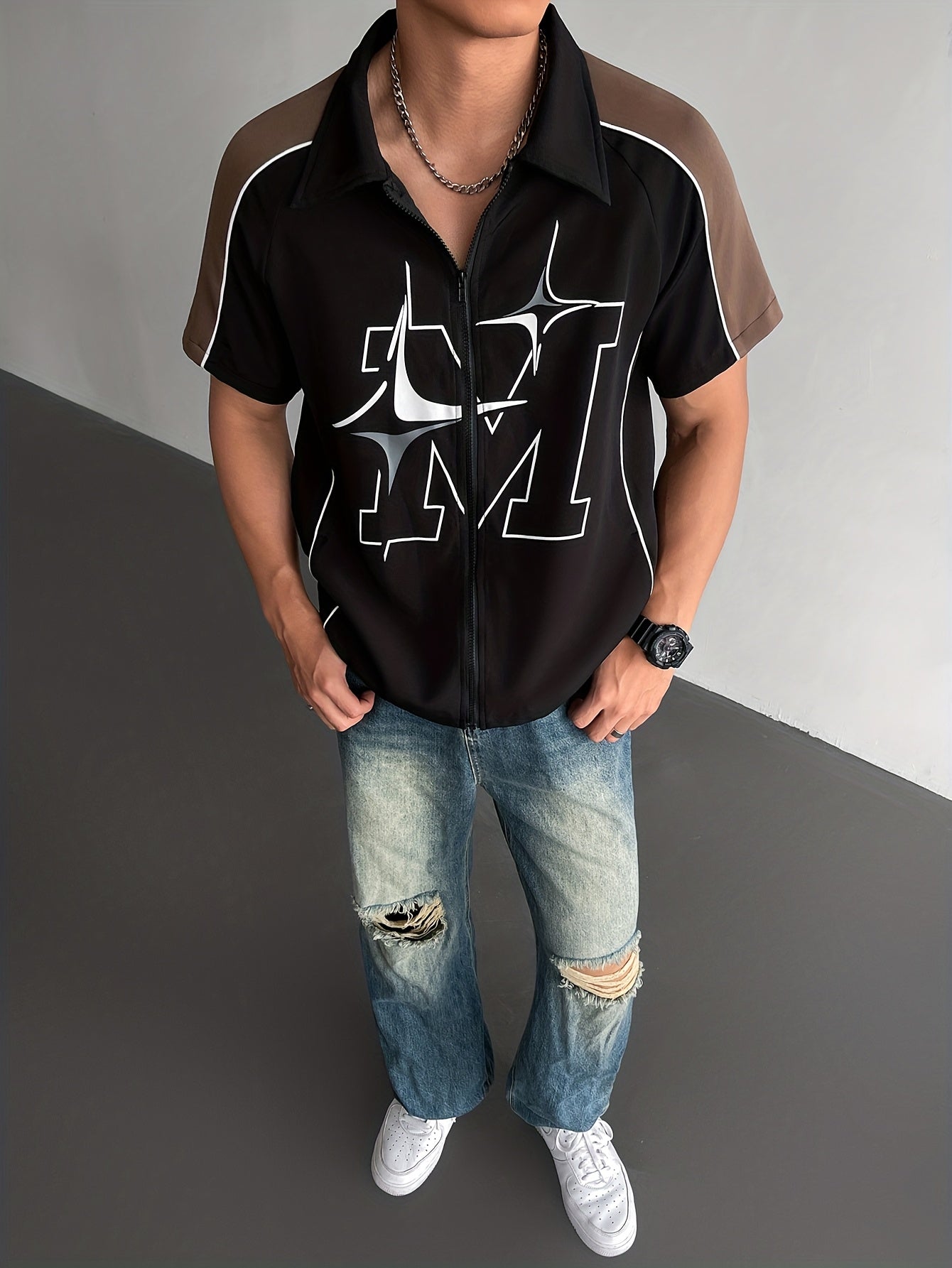 Fashionable Men'S Short-Sleeve Zip-Up Shirt