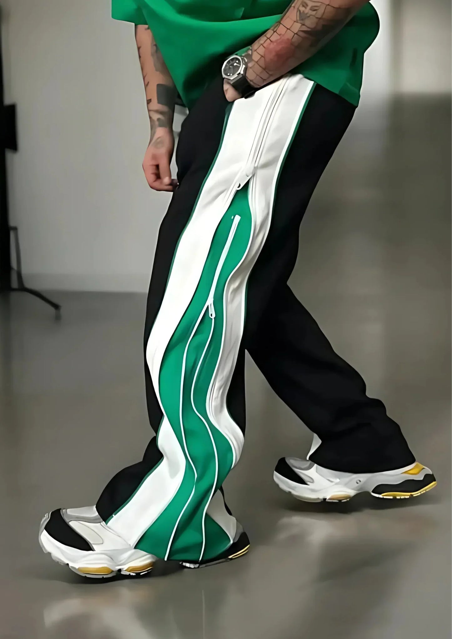 Double Zip Green Wide Leg Zip Up Baggy Pants