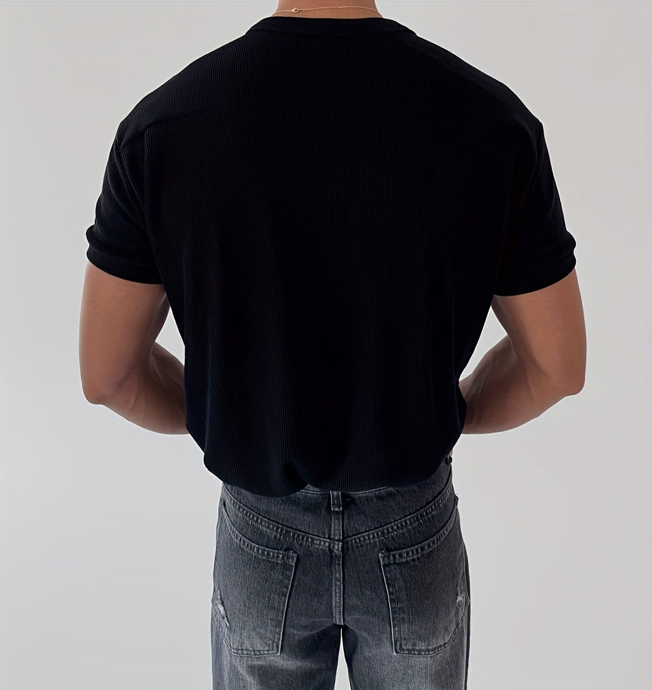 Men'S Slim-Fit Breathable Zip-Up T-Shirt - Stretchy Ribbed Fabric, Solid Color White,Everyday Wear