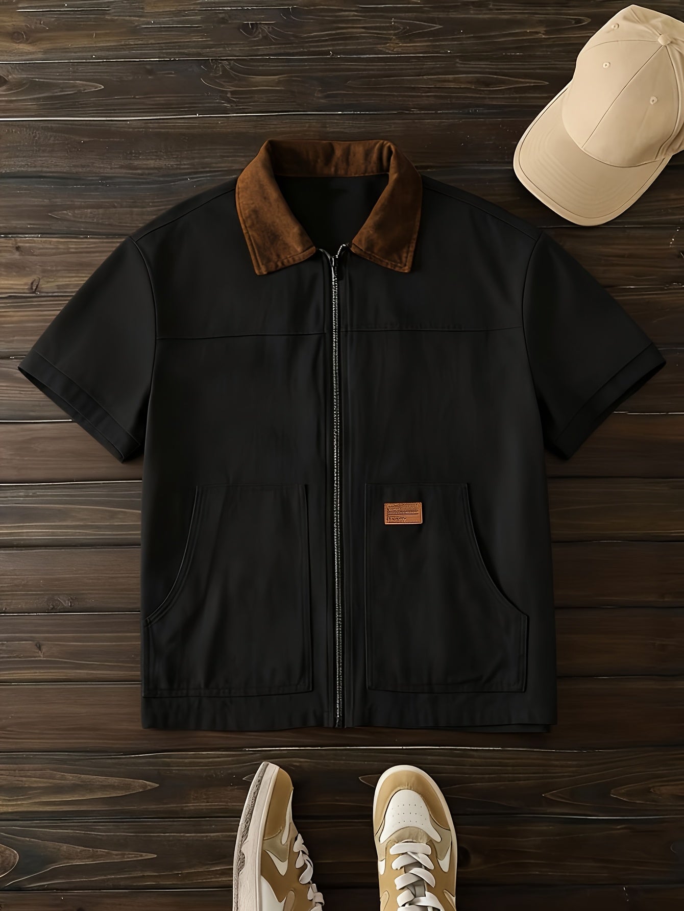 Men's Color-Block Patchwork Full-Zip Jacket with Large Pockets and English Letter Patch