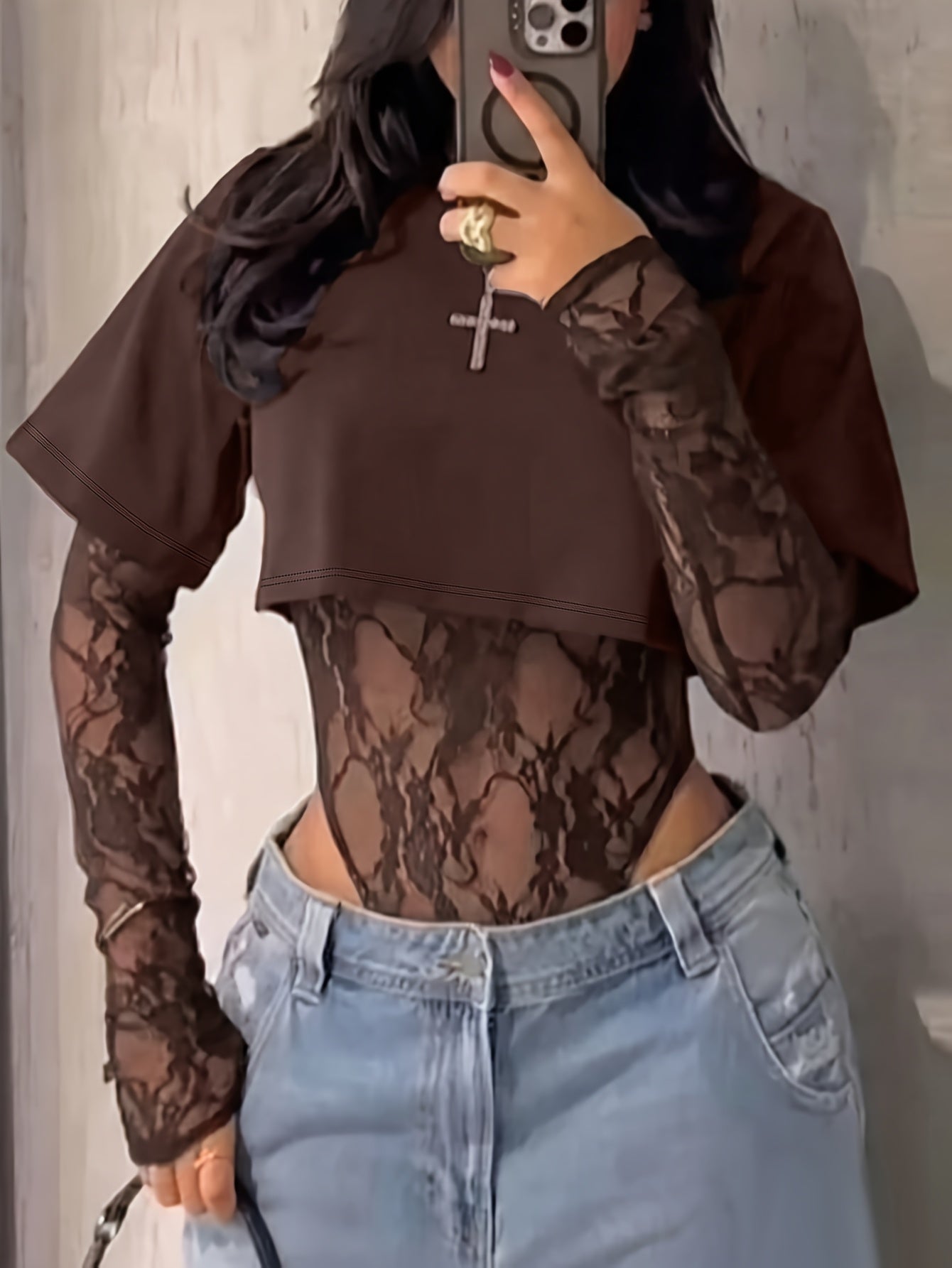 legant Lace Panel Long Sleeve Bodysuit Top for Women