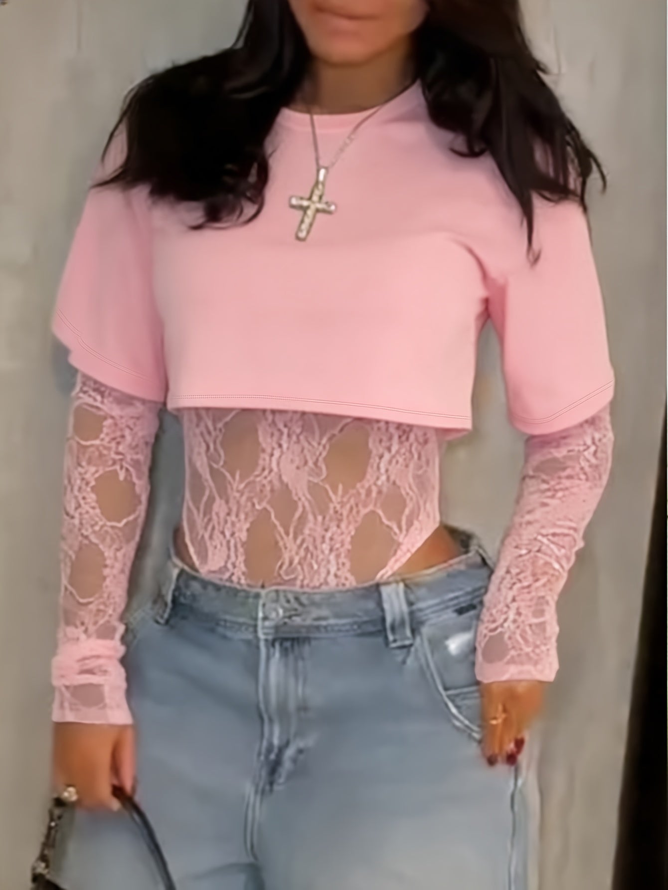 legant Lace Panel Long Sleeve Bodysuit Top for Women