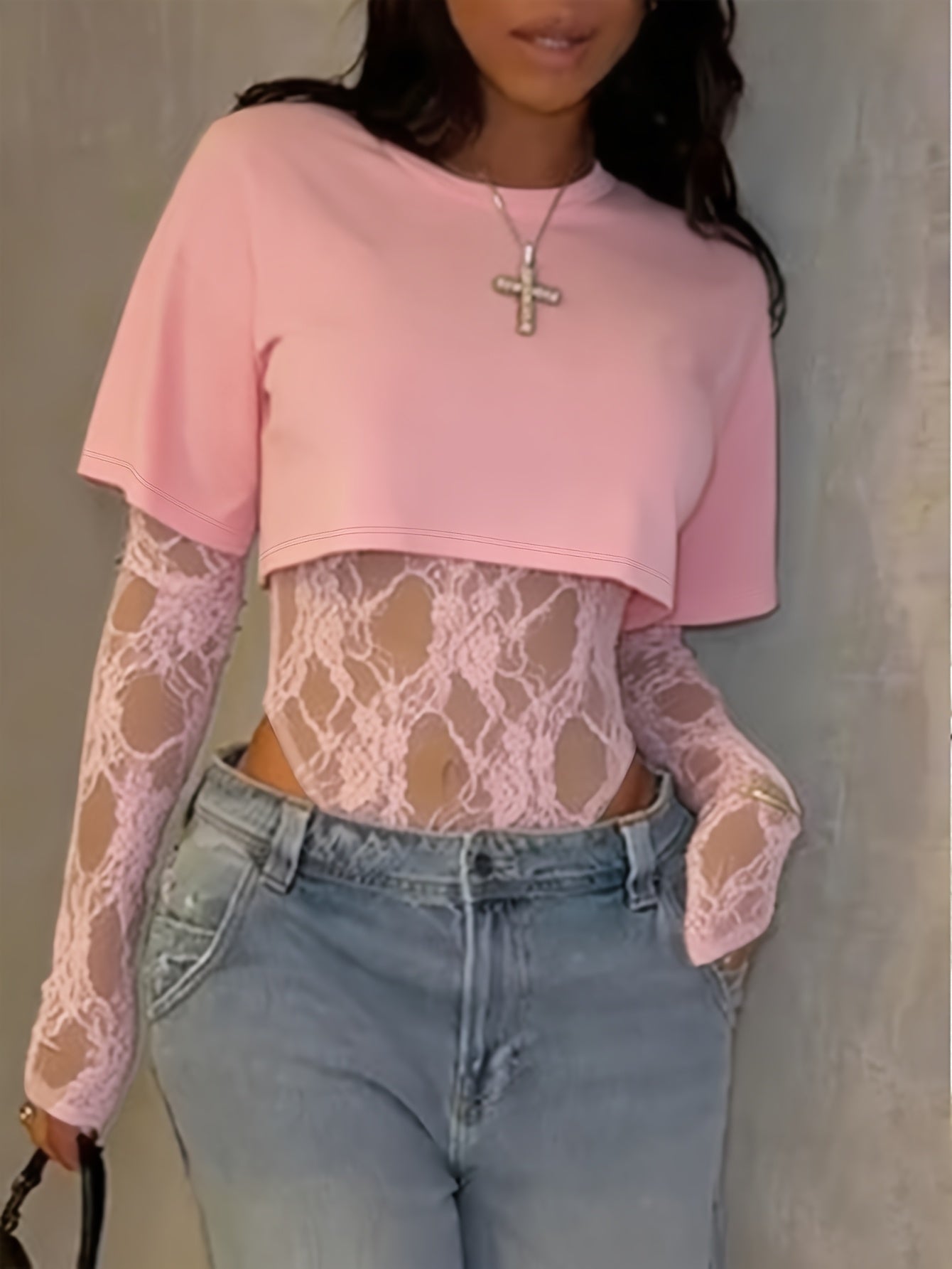 legant Lace Panel Long Sleeve Bodysuit Top for Women