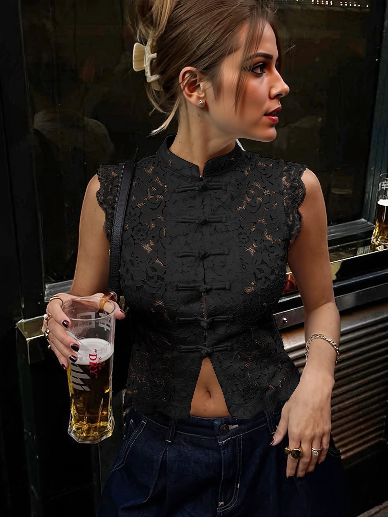 Collar Hollow-Out Sheer Design Slim-Fit
