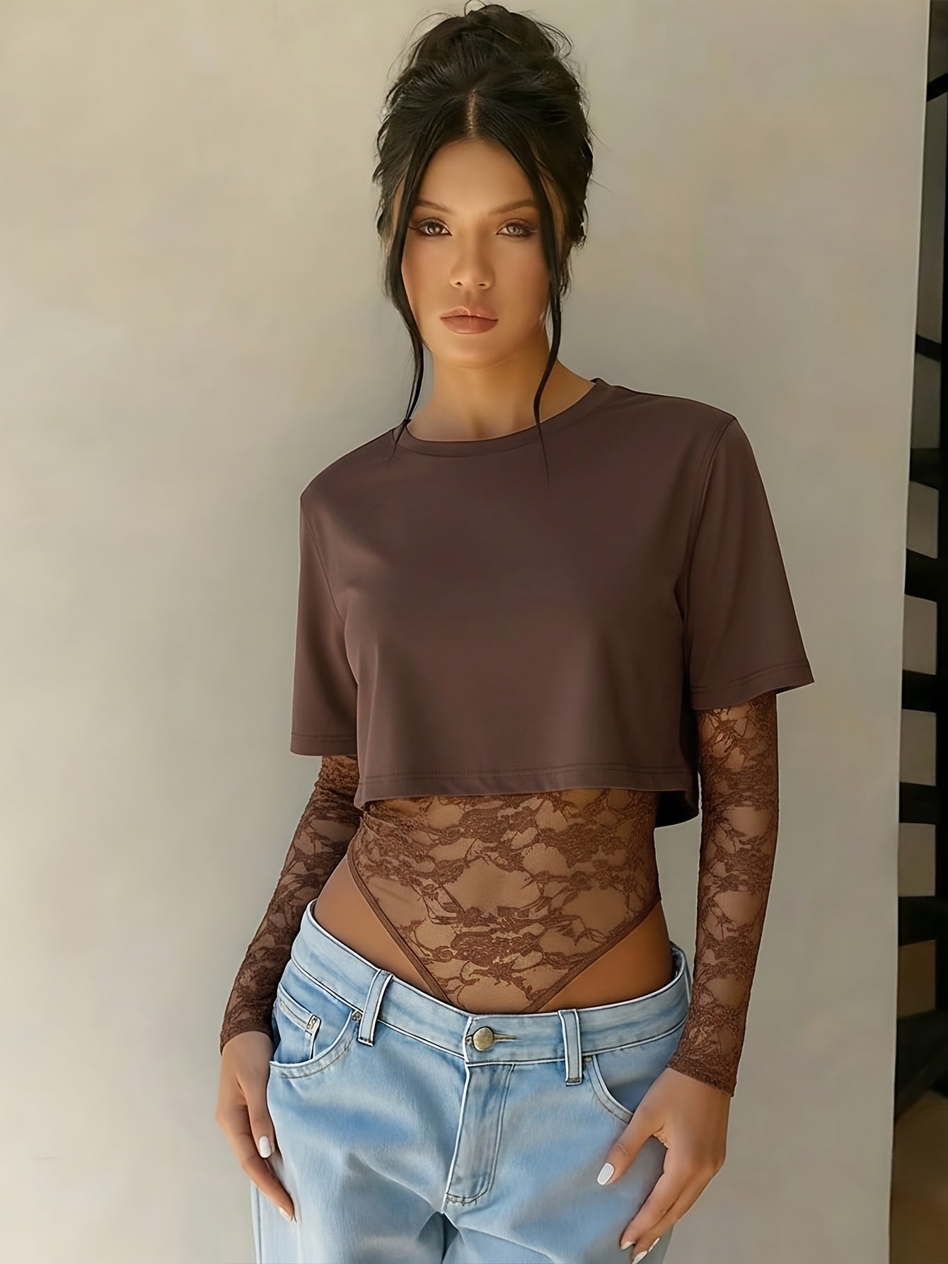 Patchwork Lace Long-Sleeved Versatile Bodysuit,