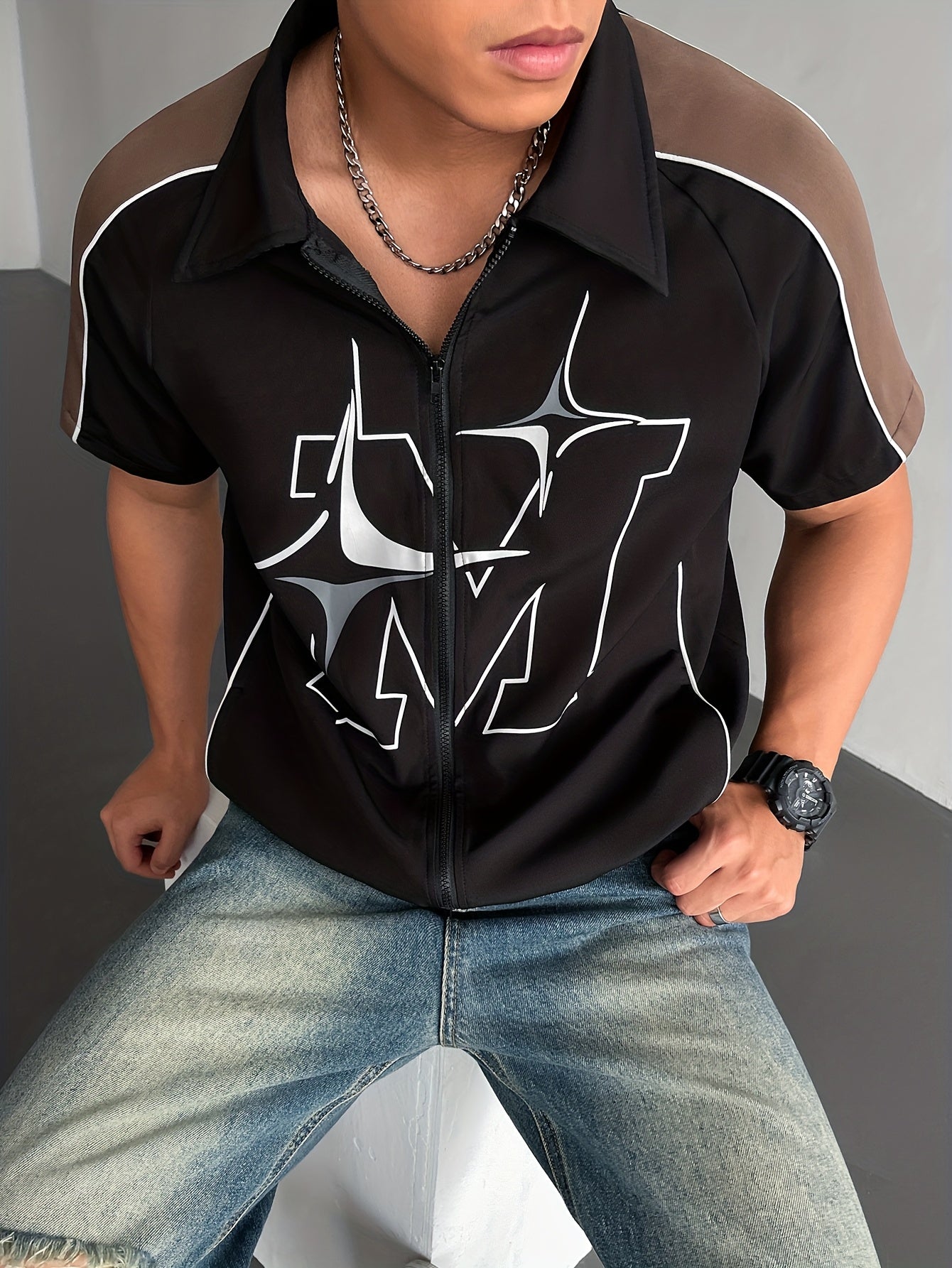 Fashionable Men'S Short-Sleeve Zip-Up Shirt
