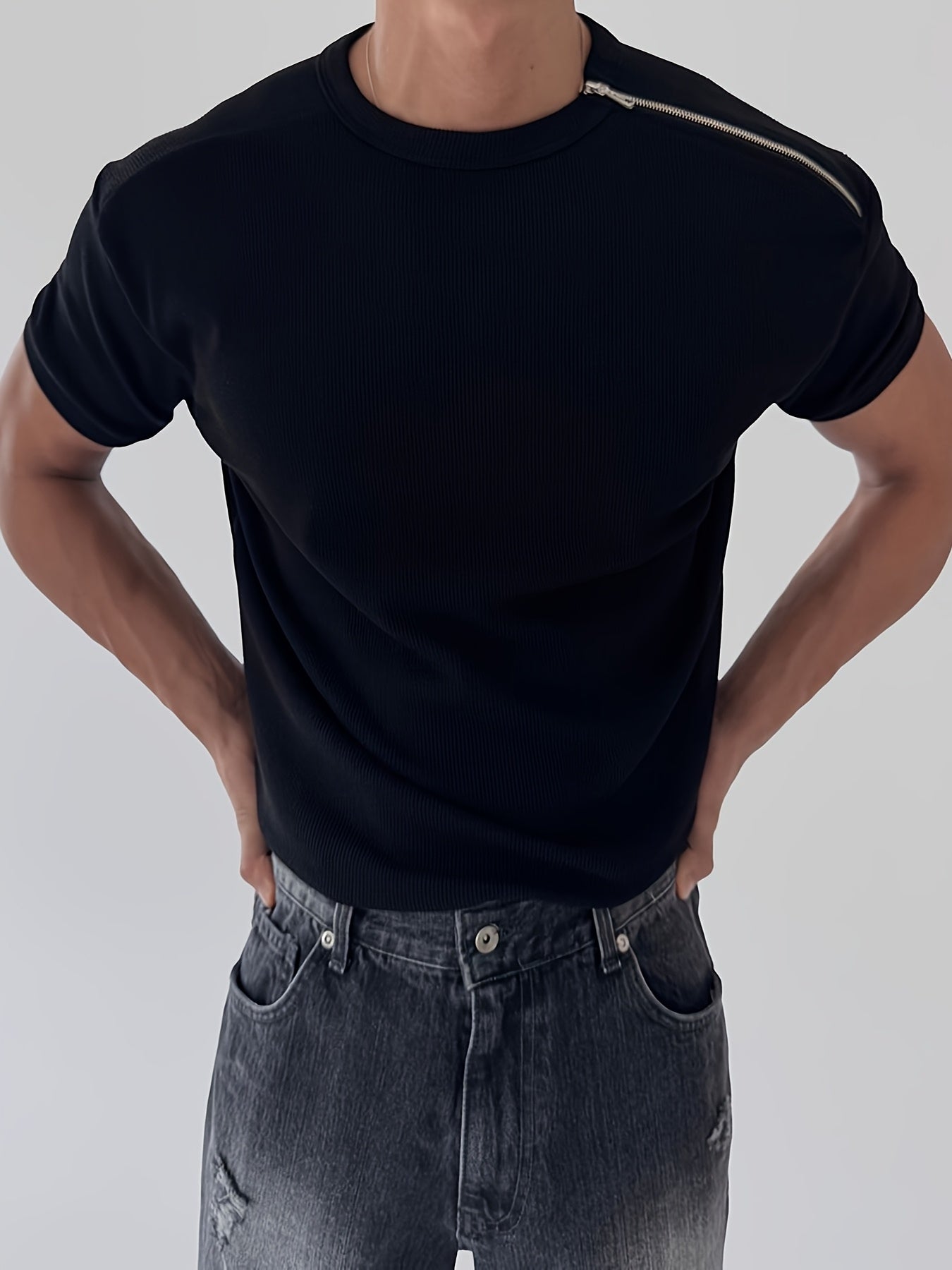 Men'S Slim-Fit Breathable Zip-Up T-Shirt - Stretchy Ribbed Fabric, Solid Color White,Everyday Wear