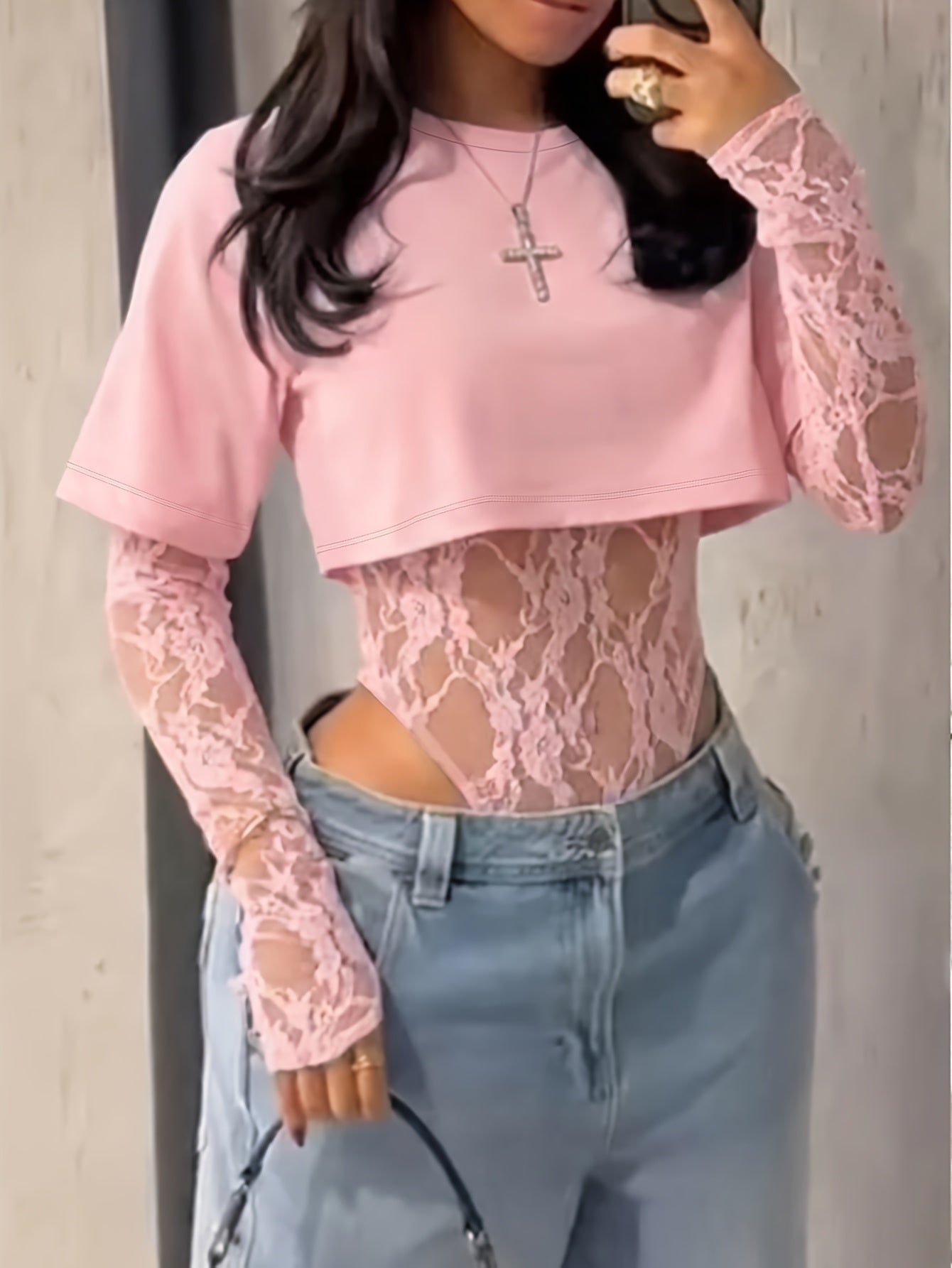 legant Lace Panel Long Sleeve Bodysuit Top for Women