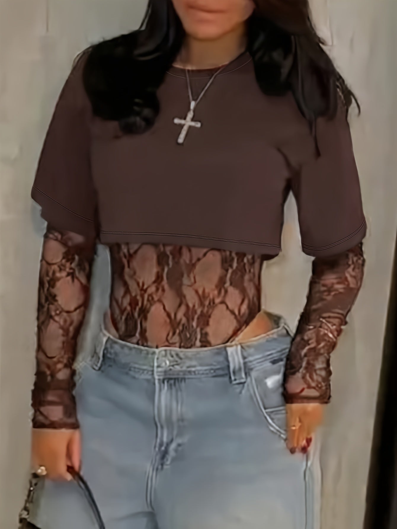 legant Lace Panel Long Sleeve Bodysuit Top for Women