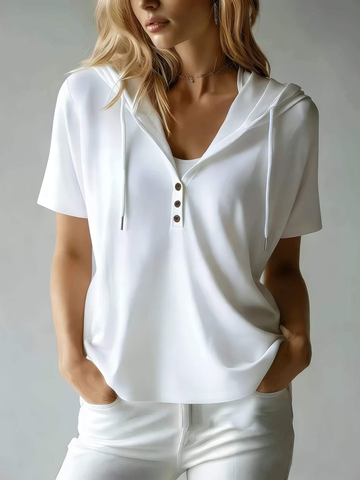 Women's Summer Short Sleeve Hooded T-Shirt Top - Loose Fit