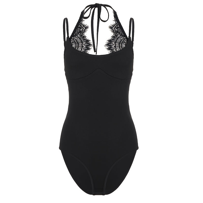 Basic 2-in-1 Look Lace Patchwork Solid Color Slim-Fit Versatile Halter Neck Women's Bodysuit