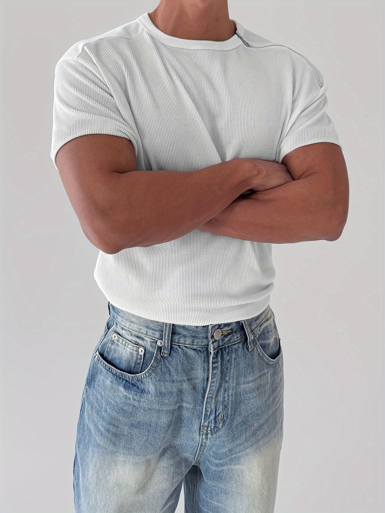 Men'S Slim-Fit Breathable Zip-Up T-Shirt - Stretchy Ribbed Fabric, Solid Color White,Everyday Wear