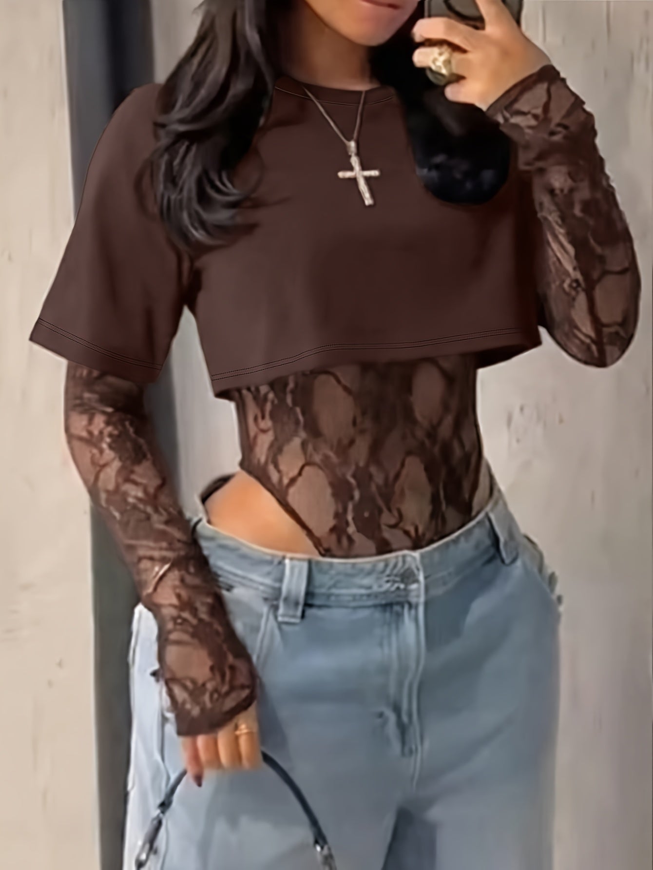 legant Lace Panel Long Sleeve Bodysuit Top for Women