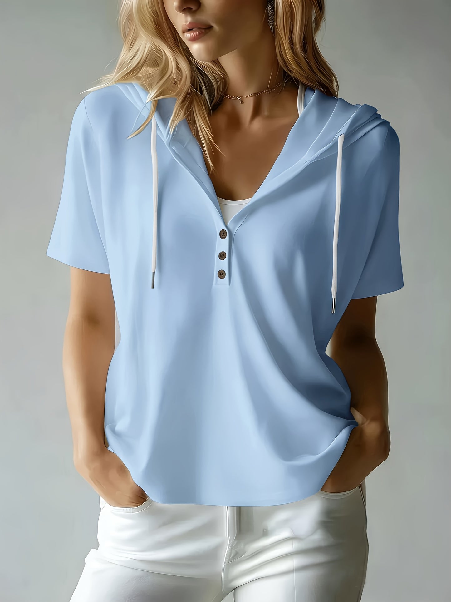 Women's Summer Short Sleeve Hooded T-Shirt Top - Loose Fit