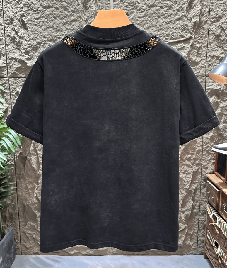 Premium Aesthetic American Trendy Brand Hollow Mesh Distressed Round Neck Short Sleeve T-Shirt
