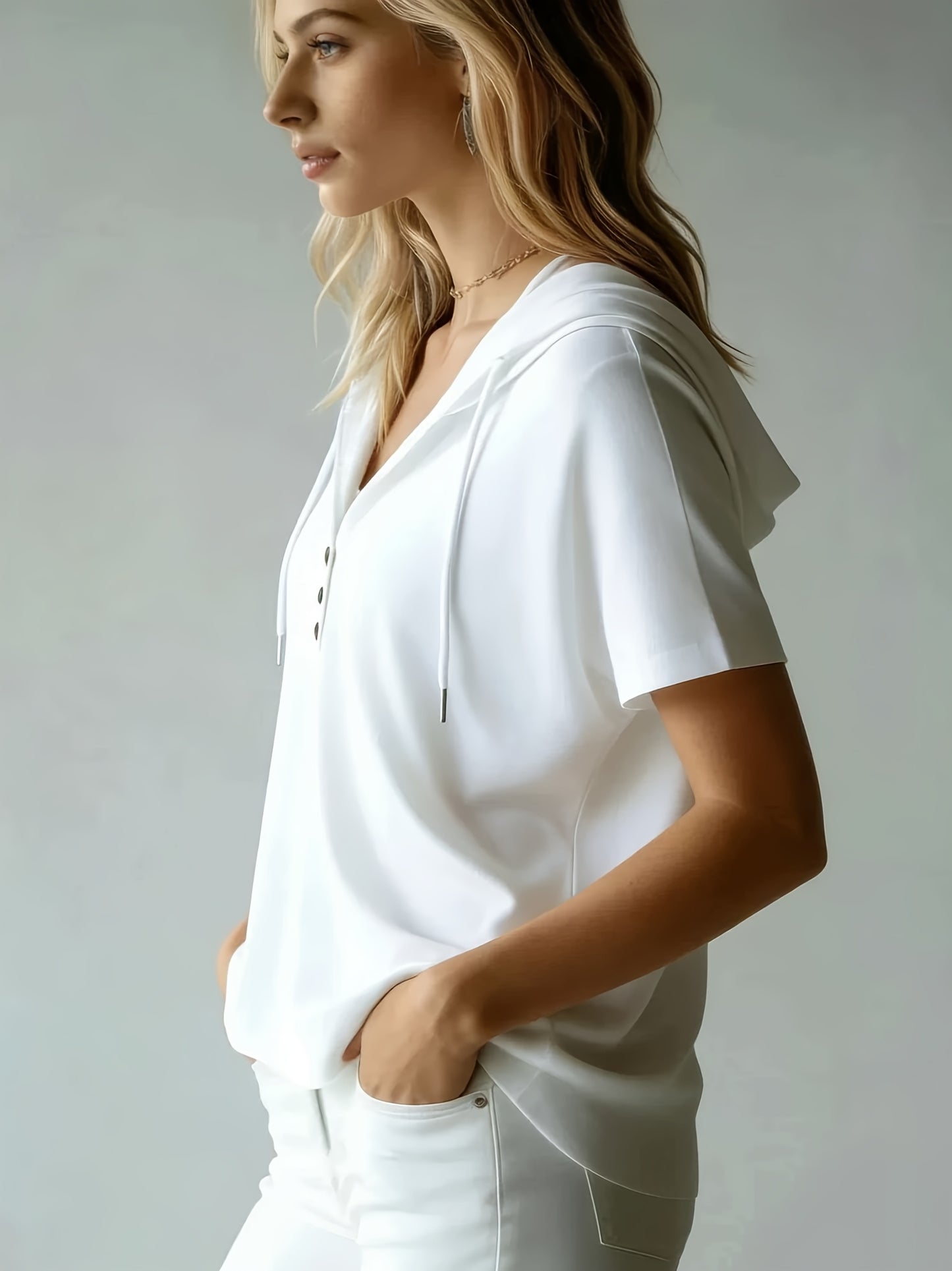 Women's Summer Short Sleeve Hooded T-Shirt Top - Loose Fit