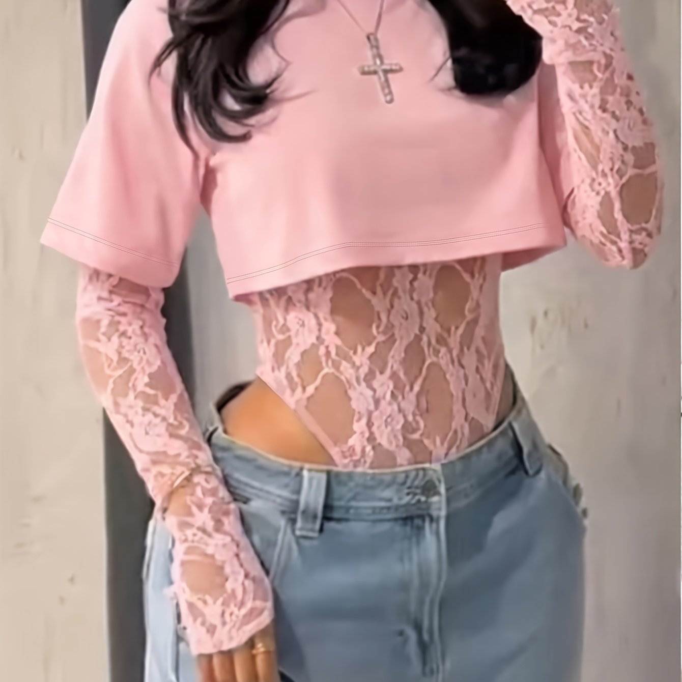 legant Lace Panel Long Sleeve Bodysuit Top for Women