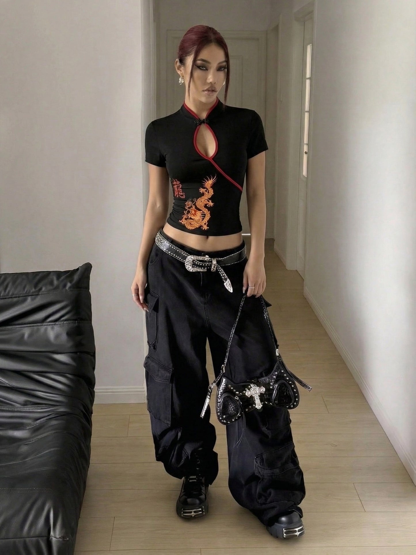 Directional Women'S Black New Chinese Style Button-Decorated Dragon Pattern