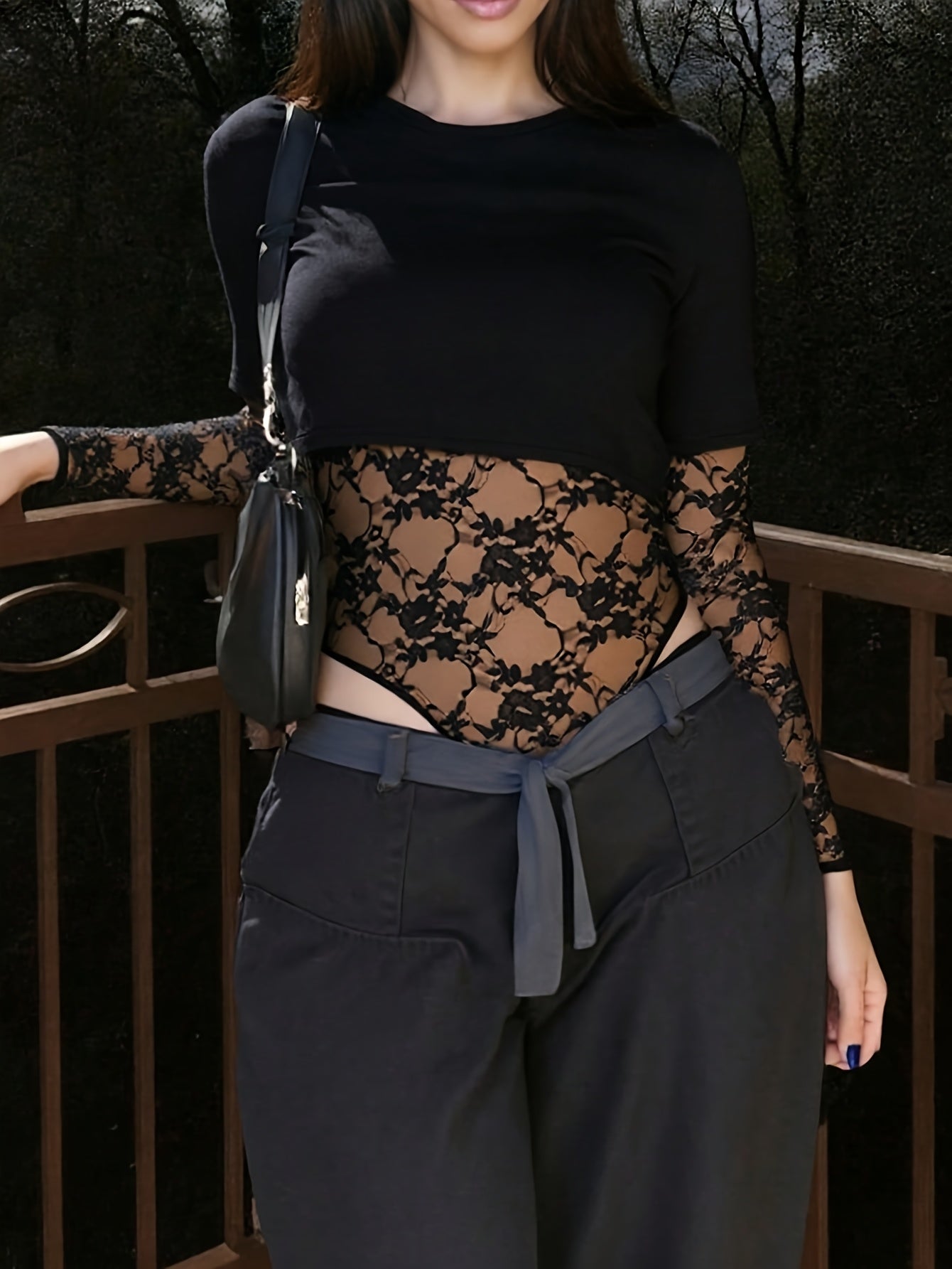 Patchwork Lace Long-Sleeved Versatile Bodysuit,