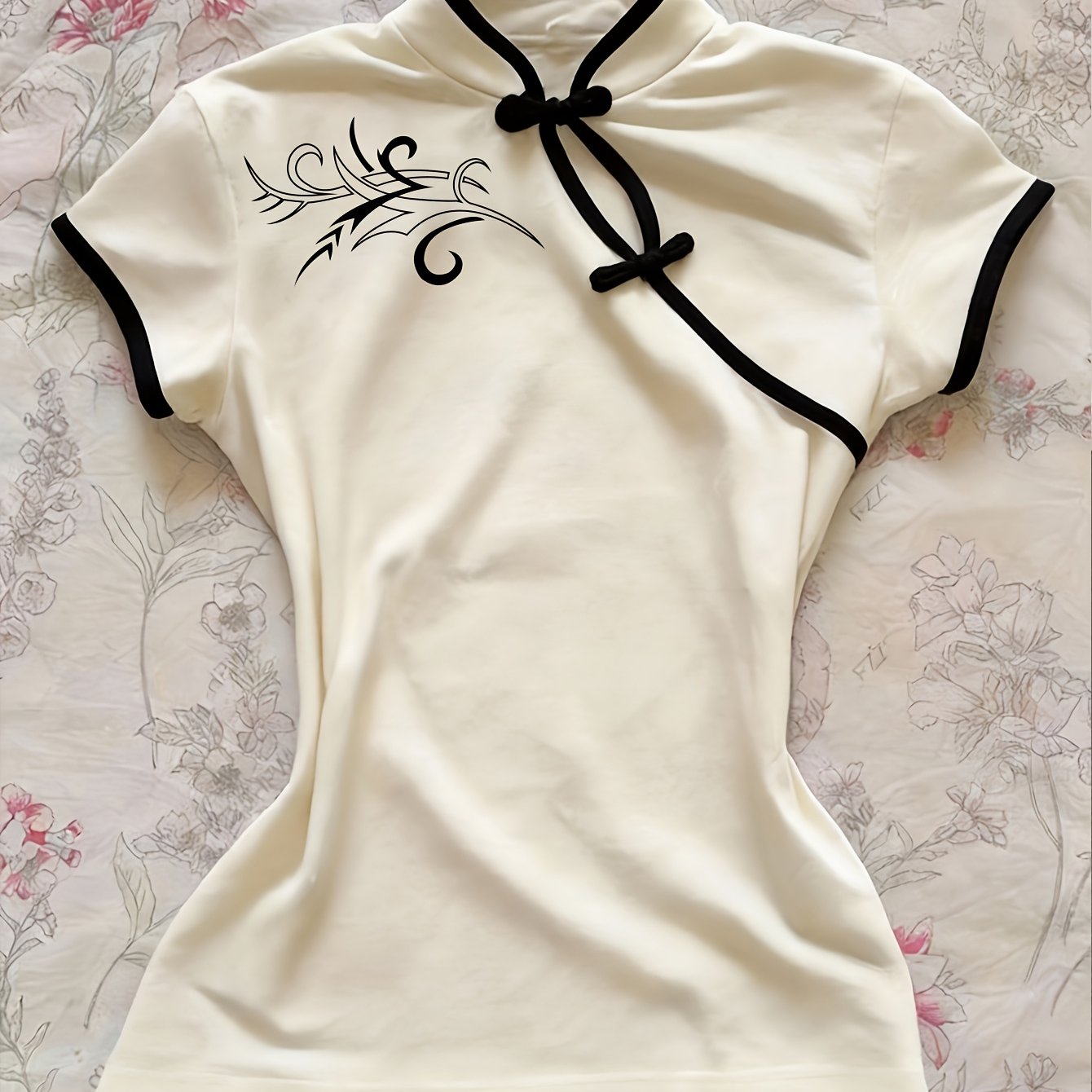 Women's Streetwear, New Stand-up Collar Contrast Trim Elegant Short-sleeve T-shirt