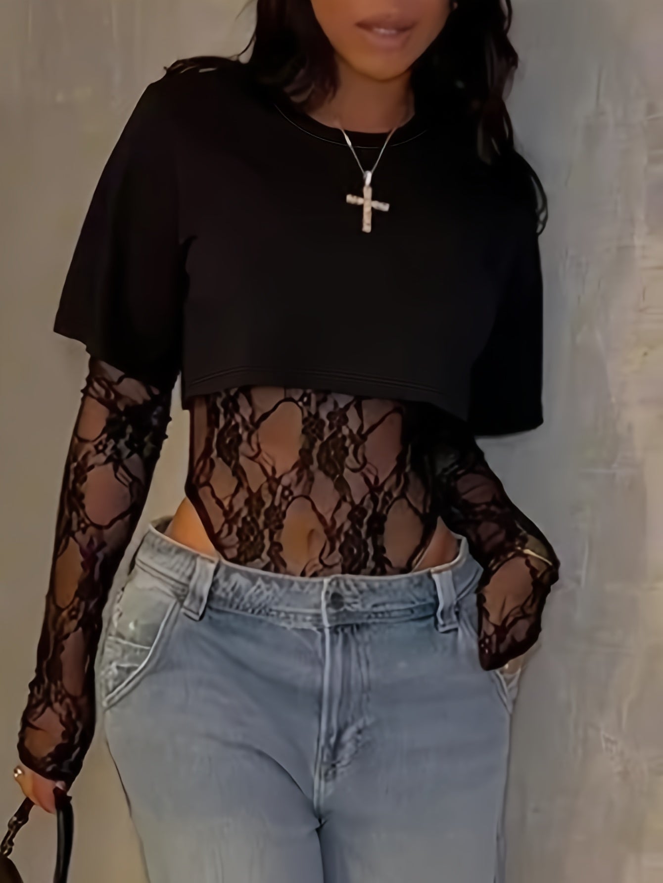 Women's Bodysuit with Patchwork Mesh Design, Back Print, Essential for Dates and Daily Wear