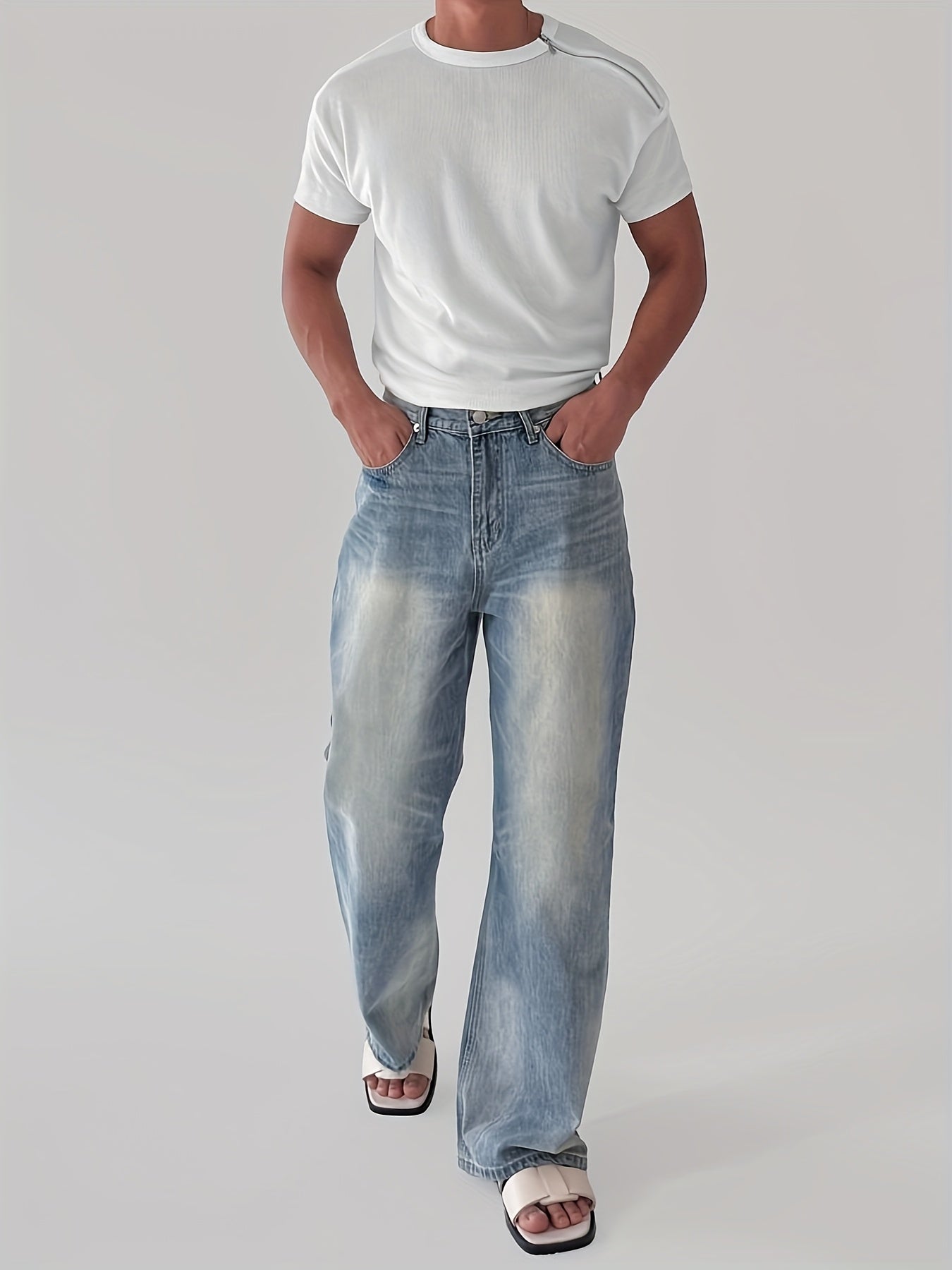 Men'S Slim-Fit Breathable Zip-Up T-Shirt - Stretchy Ribbed Fabric, Solid Color White,Everyday Wear