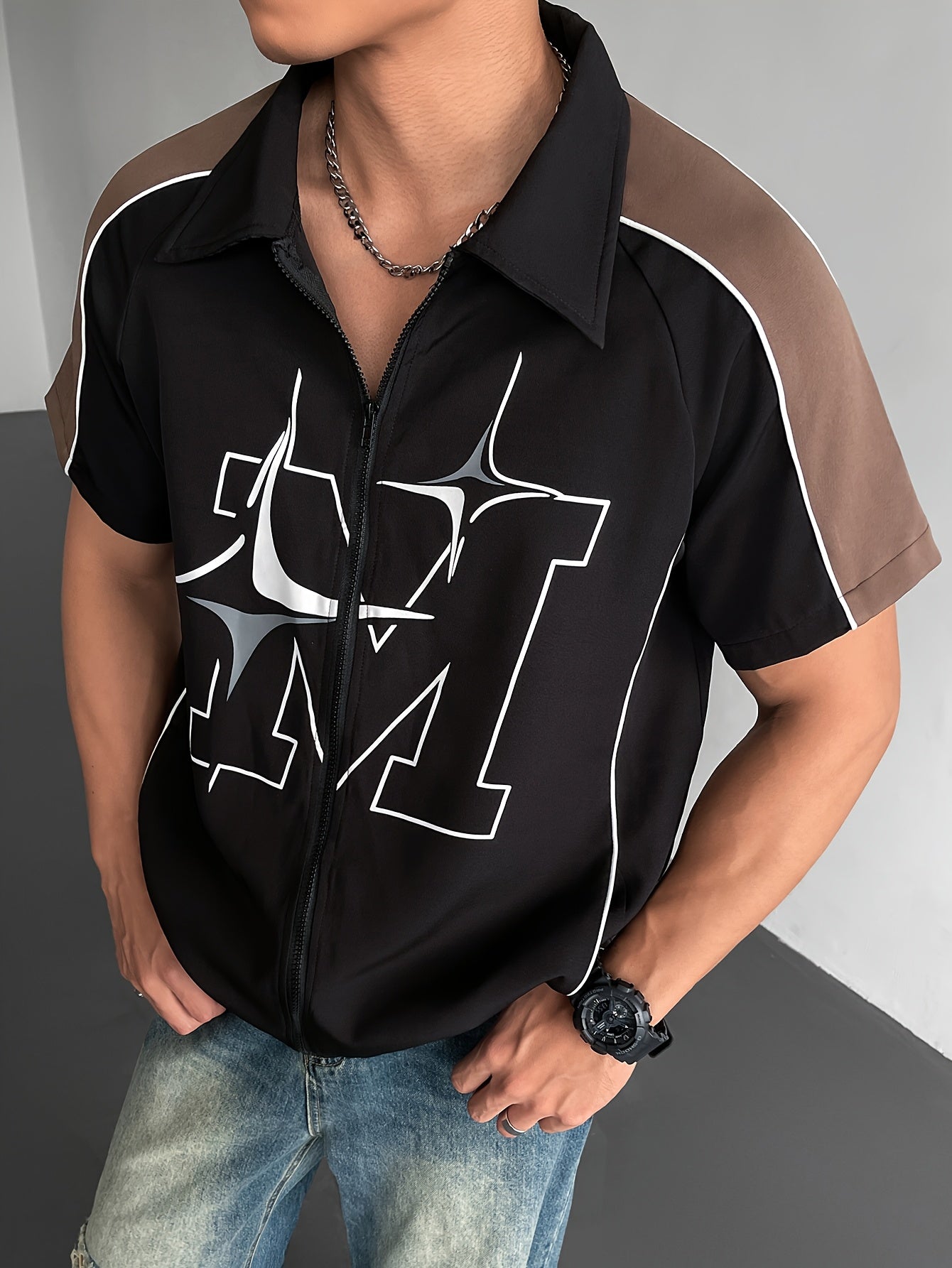 Fashionable Men'S Short-Sleeve Zip-Up Shirt