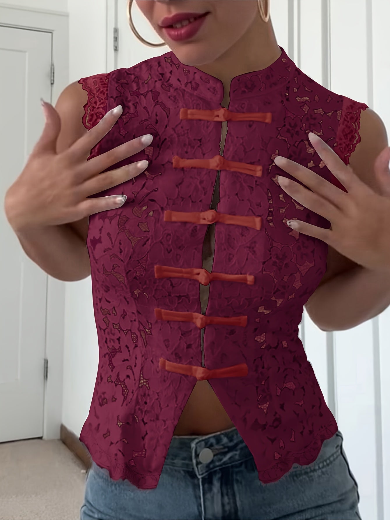 Collar Hollow-Out Sheer Design Slim-Fit