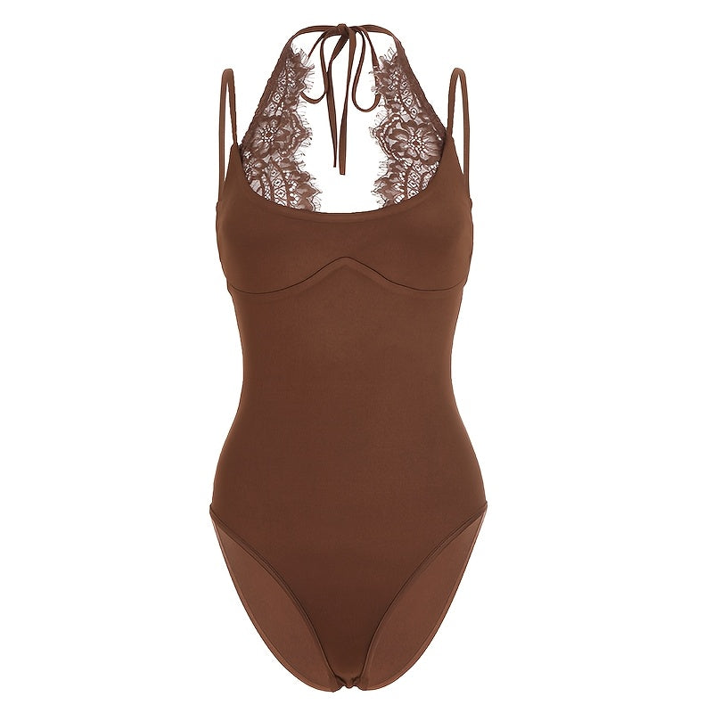 Basic 2-in-1 Look Lace Patchwork Solid Color Slim-Fit Versatile Halter Neck Women's Bodysuit