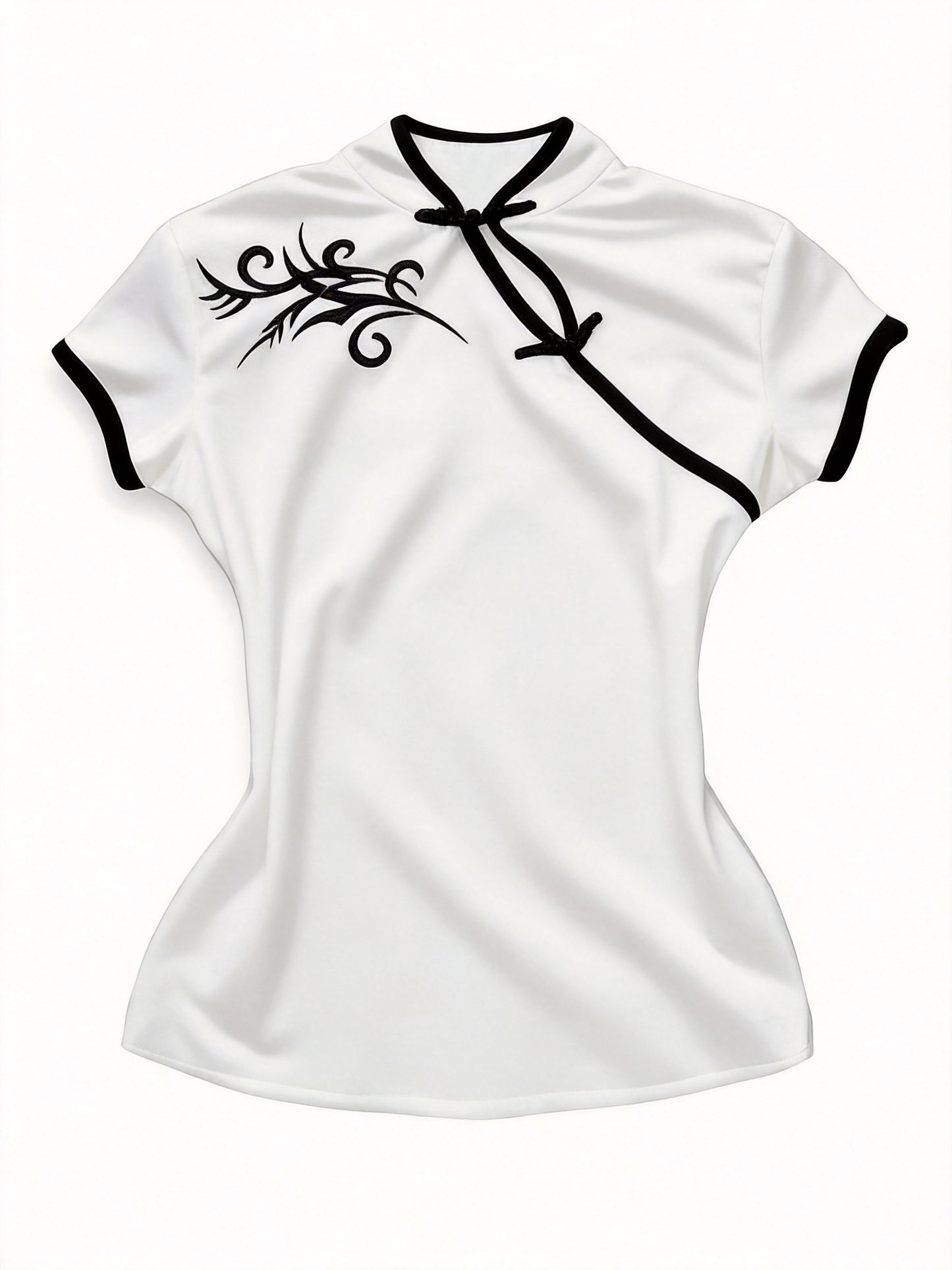 Women's Streetwear, New Stand-up Collar Contrast Trim Elegant Short-sleeve T-shirt