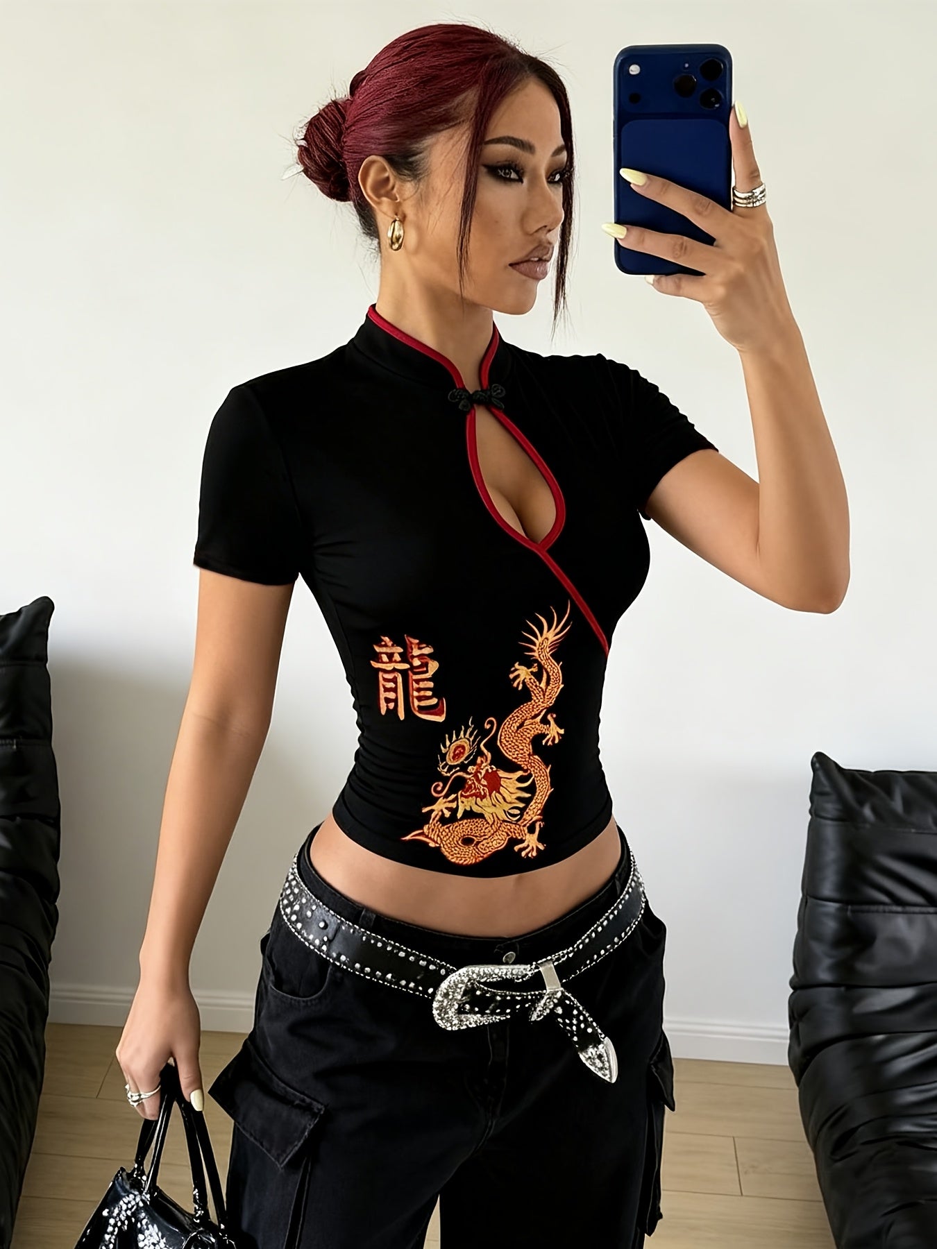 Directional Women'S Black New Chinese Style Button-Decorated Dragon Pattern
